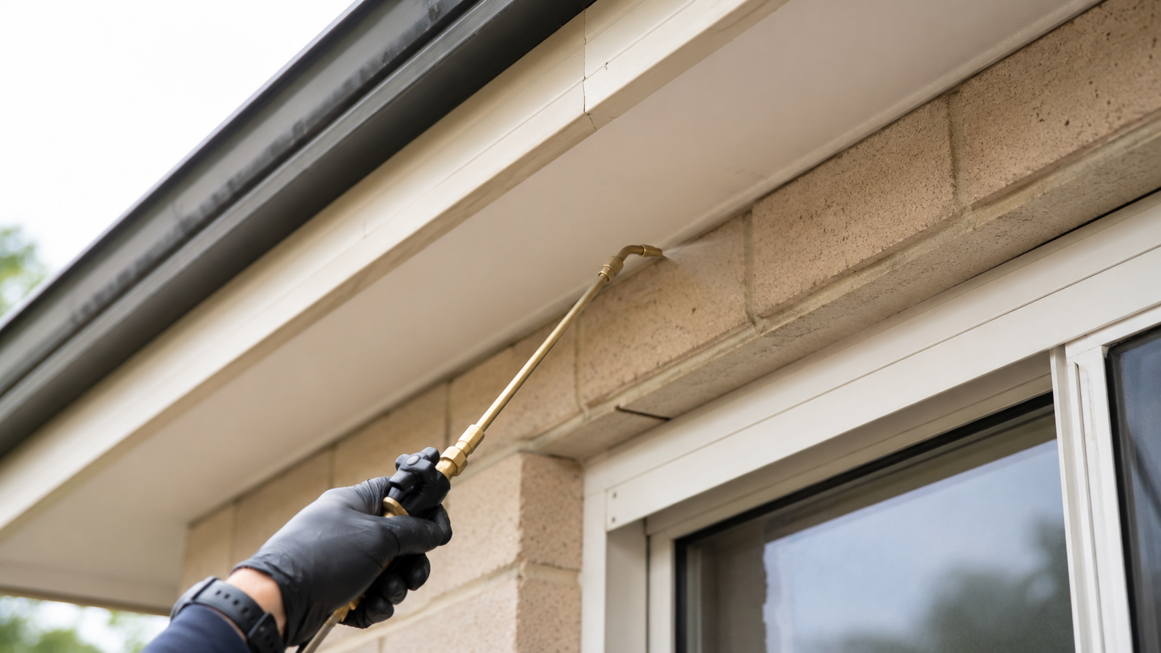 Pest control technician treating eaves and window frames for spiders.