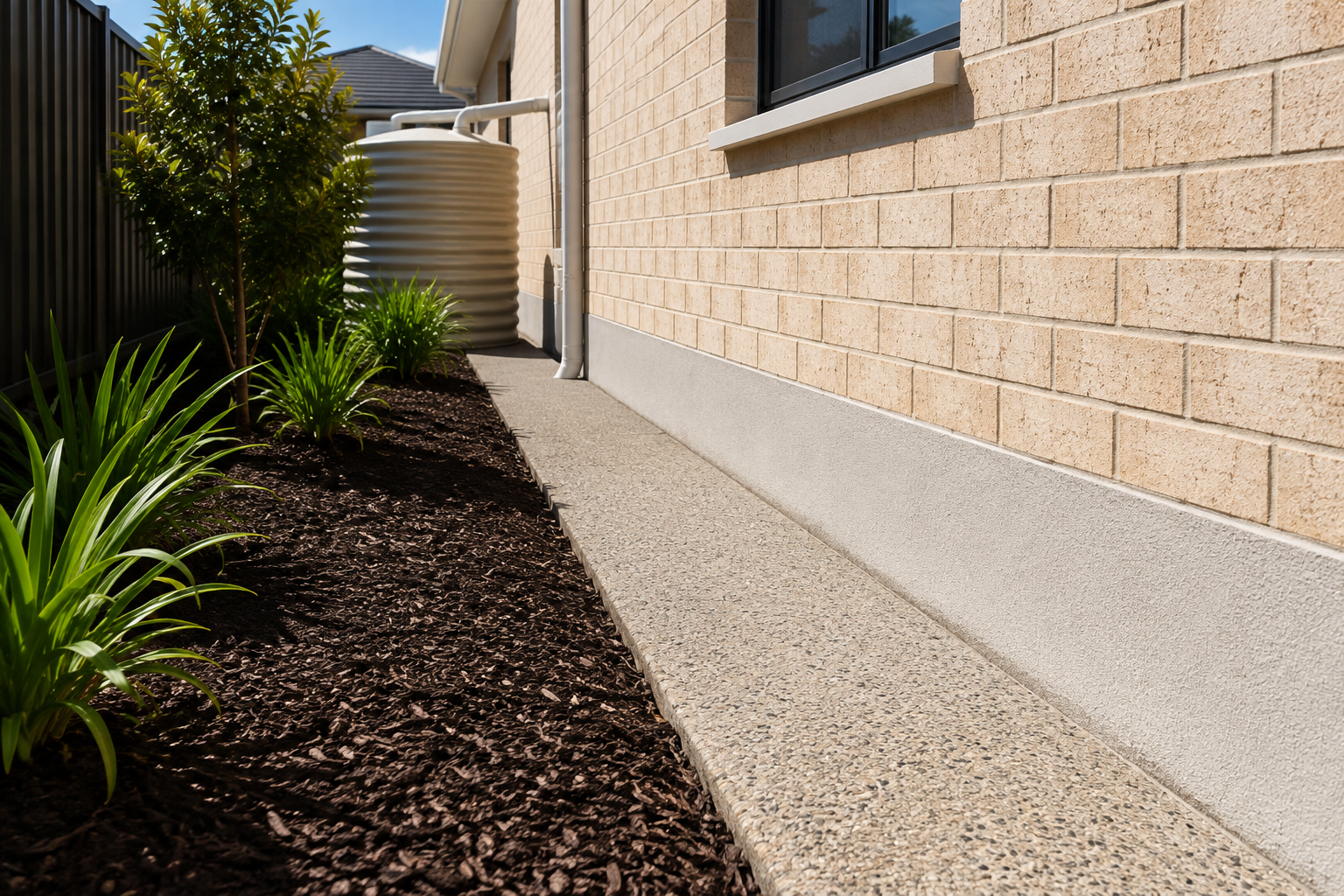 Concrete perimeter and garden bed along a home during a termite inspection in Perth.