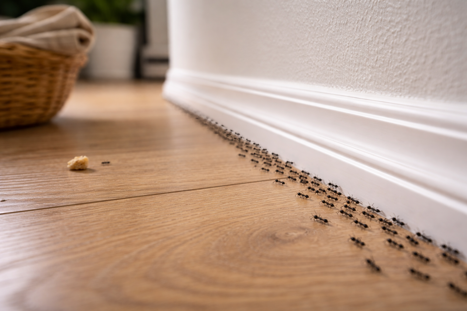 Ants along skirting board inside home Perth