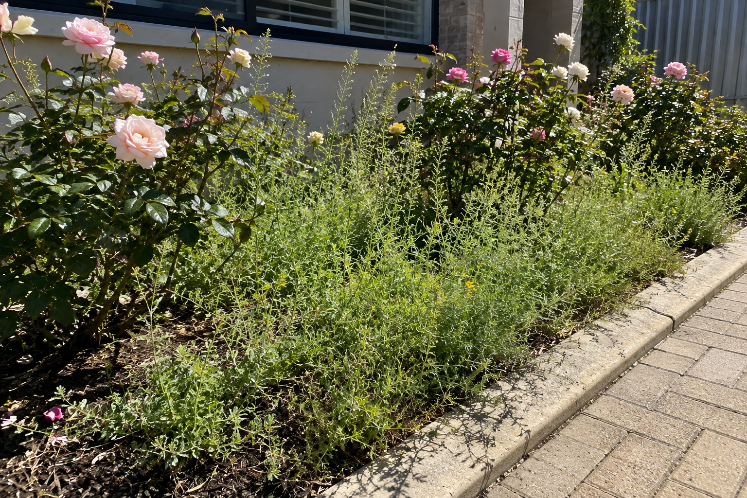 Weeds growing in a garden bed beside paving at a residential property