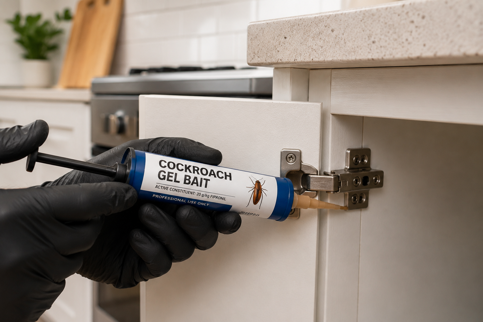 Pest control technician applying cockroach gel bait inside a kitchen cabinet.