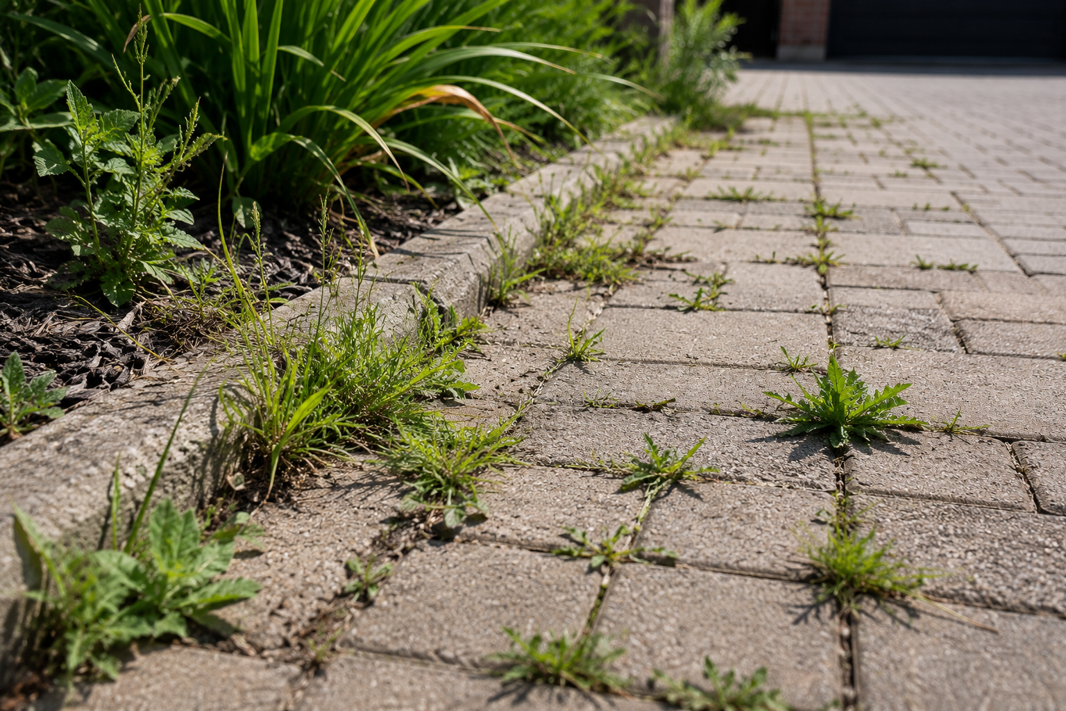 Weeds growing through brick paving beside a garden bed