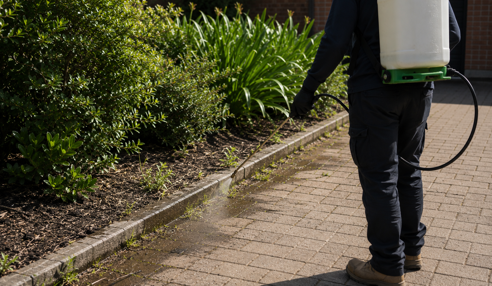 Weed control treatment being applied to weeds along brick paving