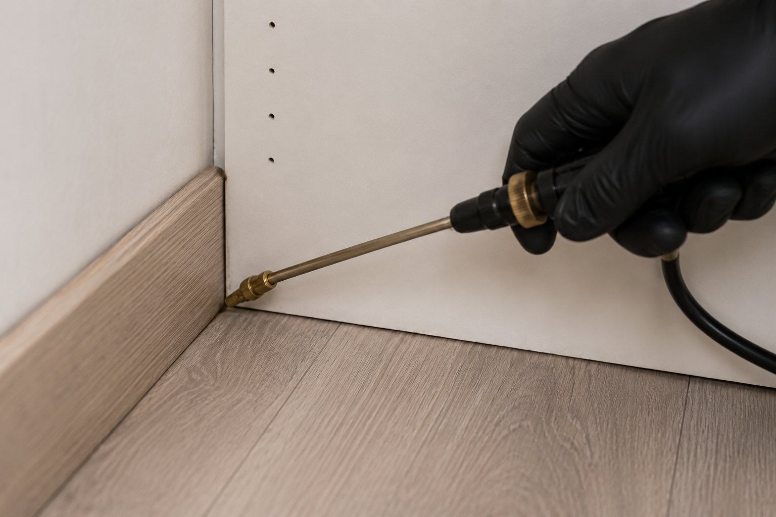 Pest control treatment applied along skirting boards inside a home