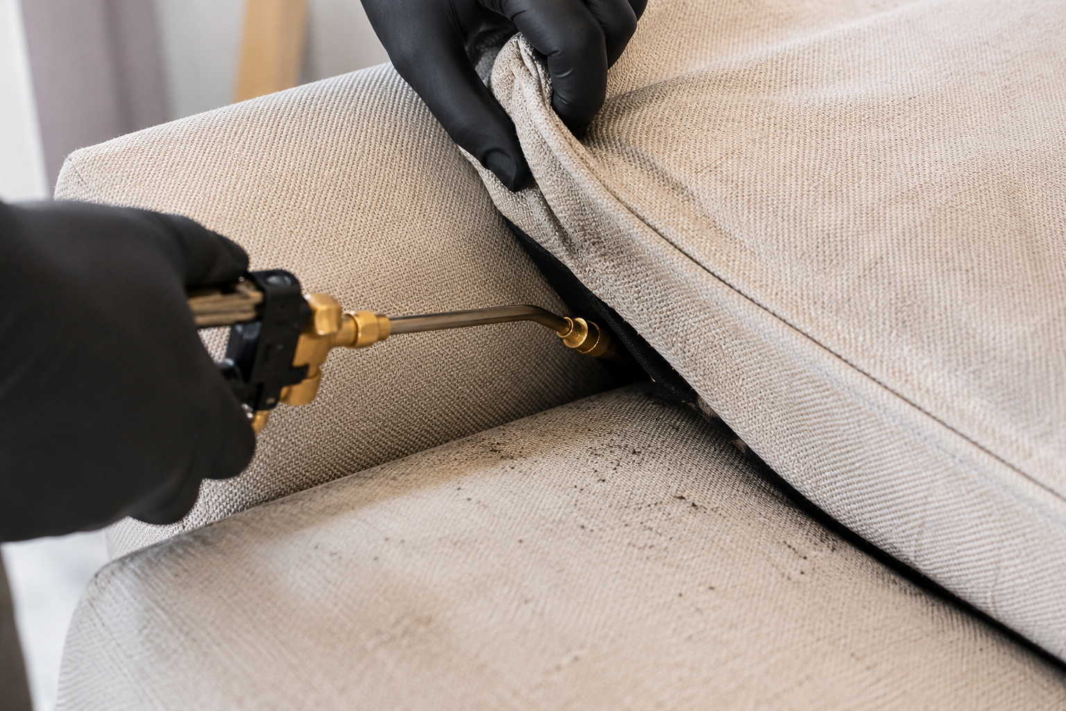 Pest control technician treating the seams of an upholstered couch for bed bugs.