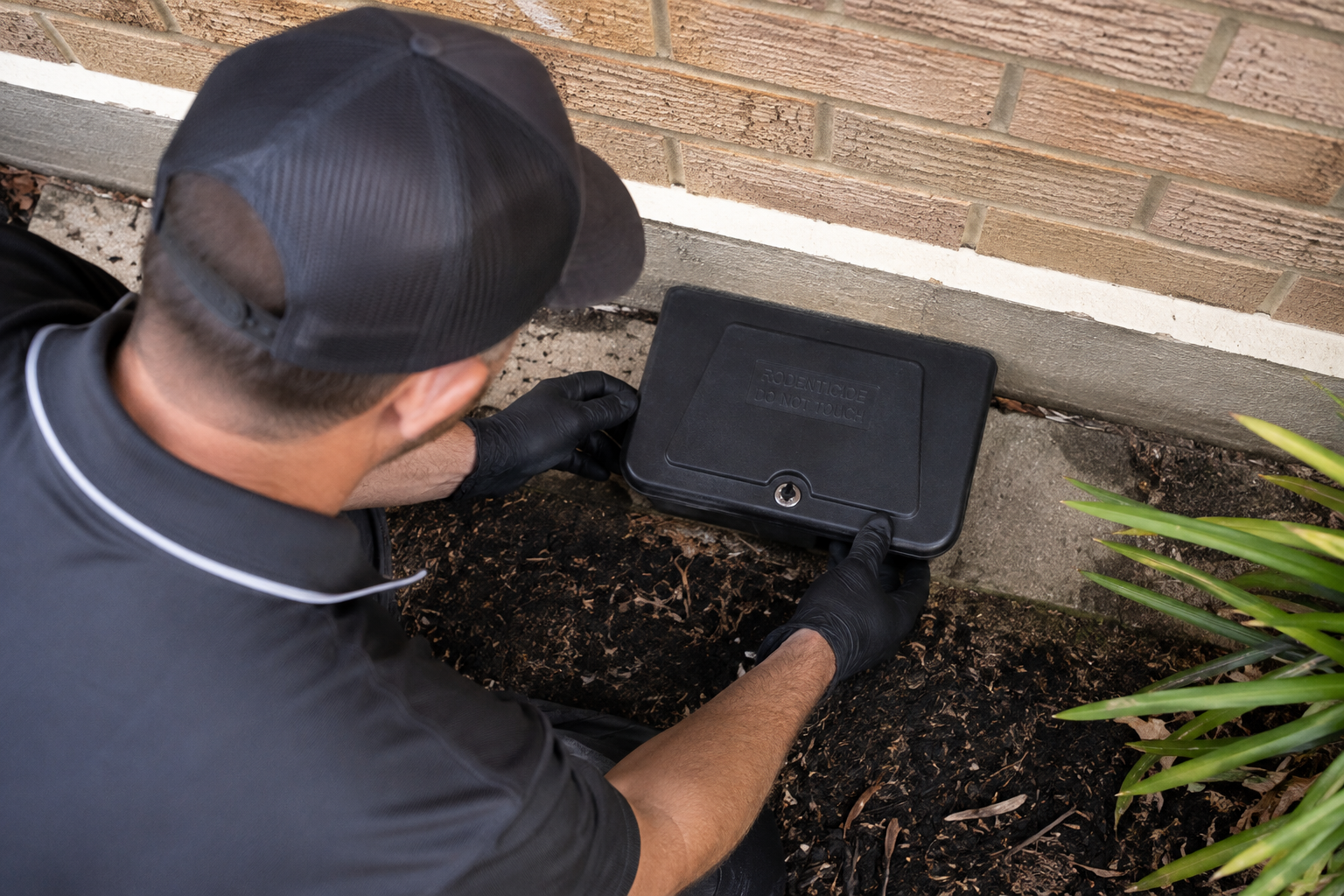 Pest control technician inspecting an exterior rodent bait station.