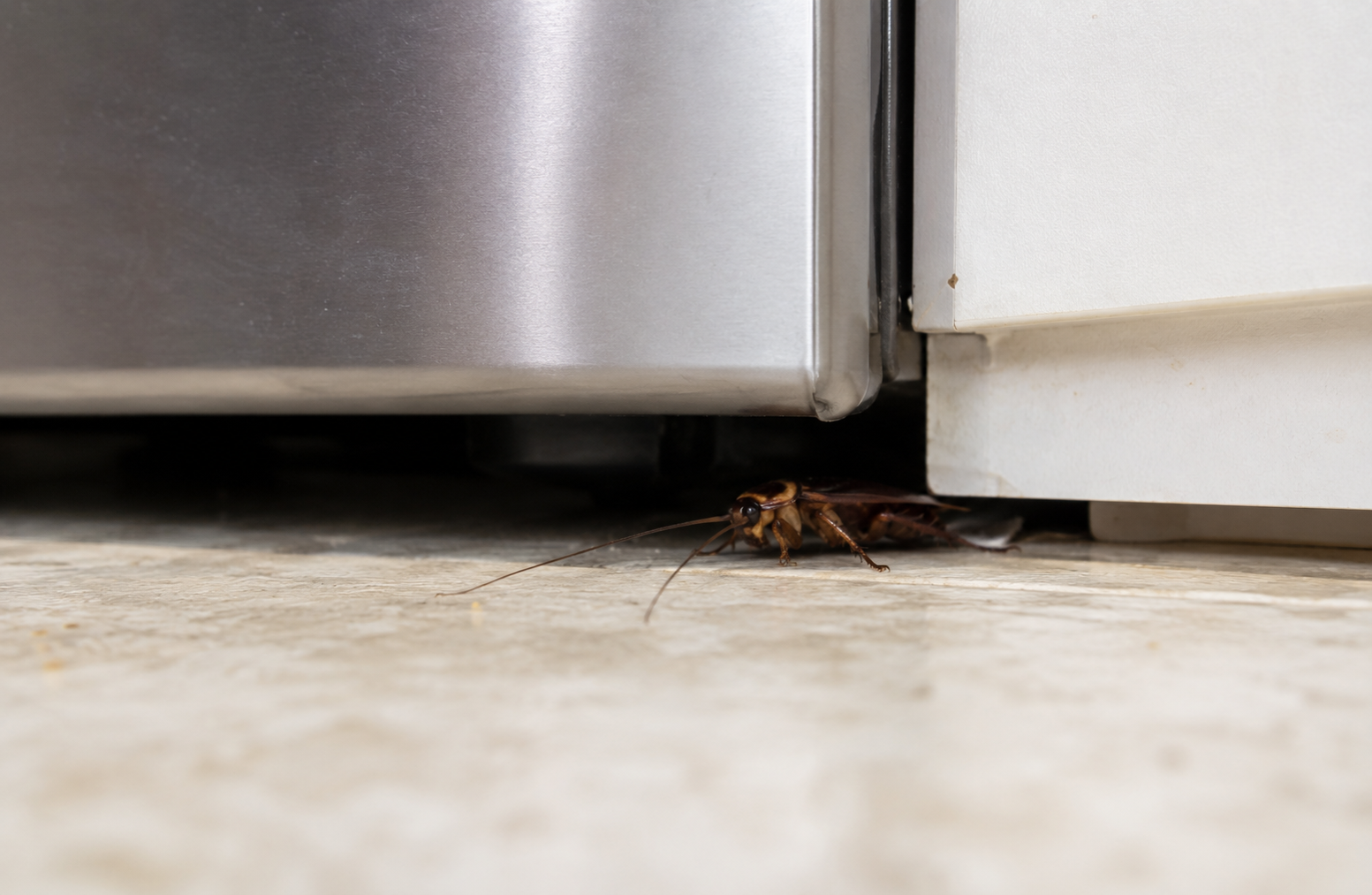 Cockroach on a kitchen floor near a refrigerator in a Perth home.