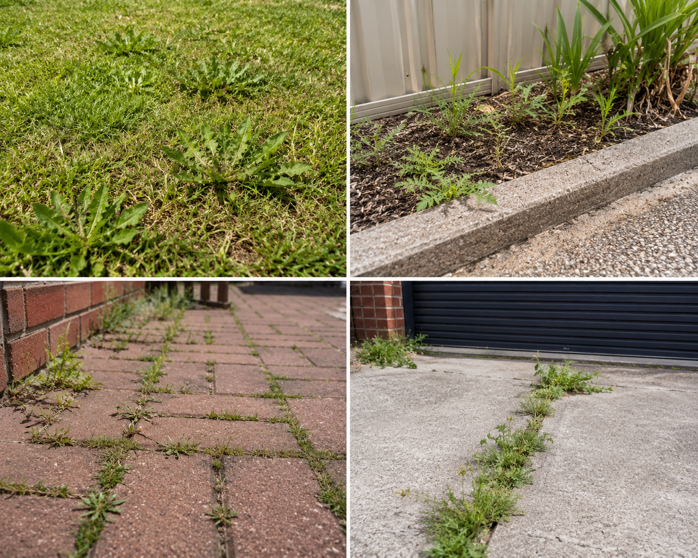 Weeds growing in lawns, garden beds, brick paving and driveways