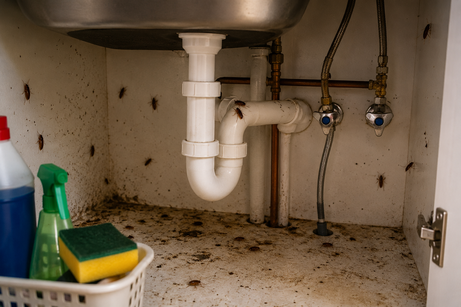 Cockroaches inside a kitchen cabinet under a sink.
