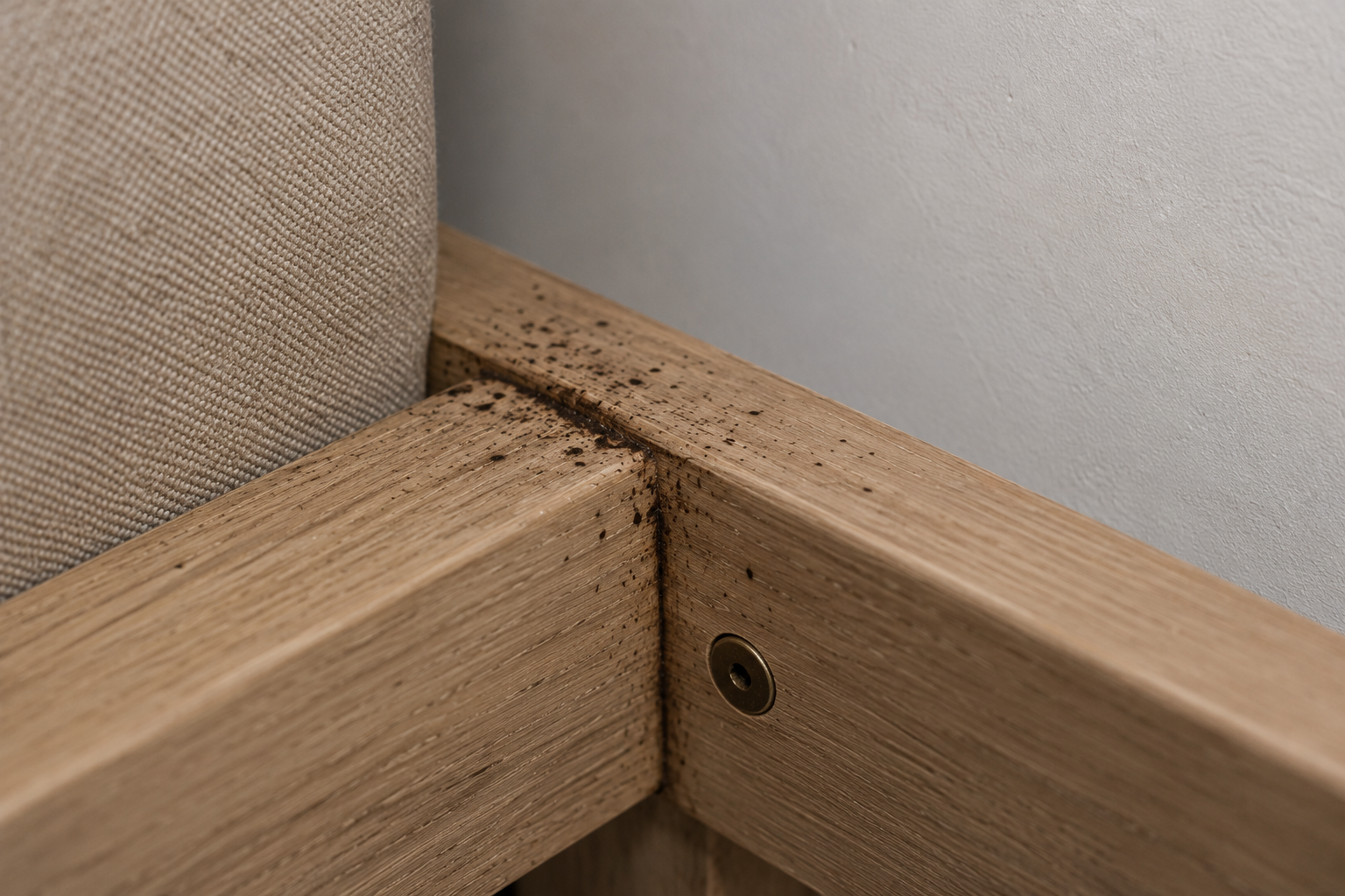 Close-up of bed bug spotting and signs of activity around a wooden bed frame joint.