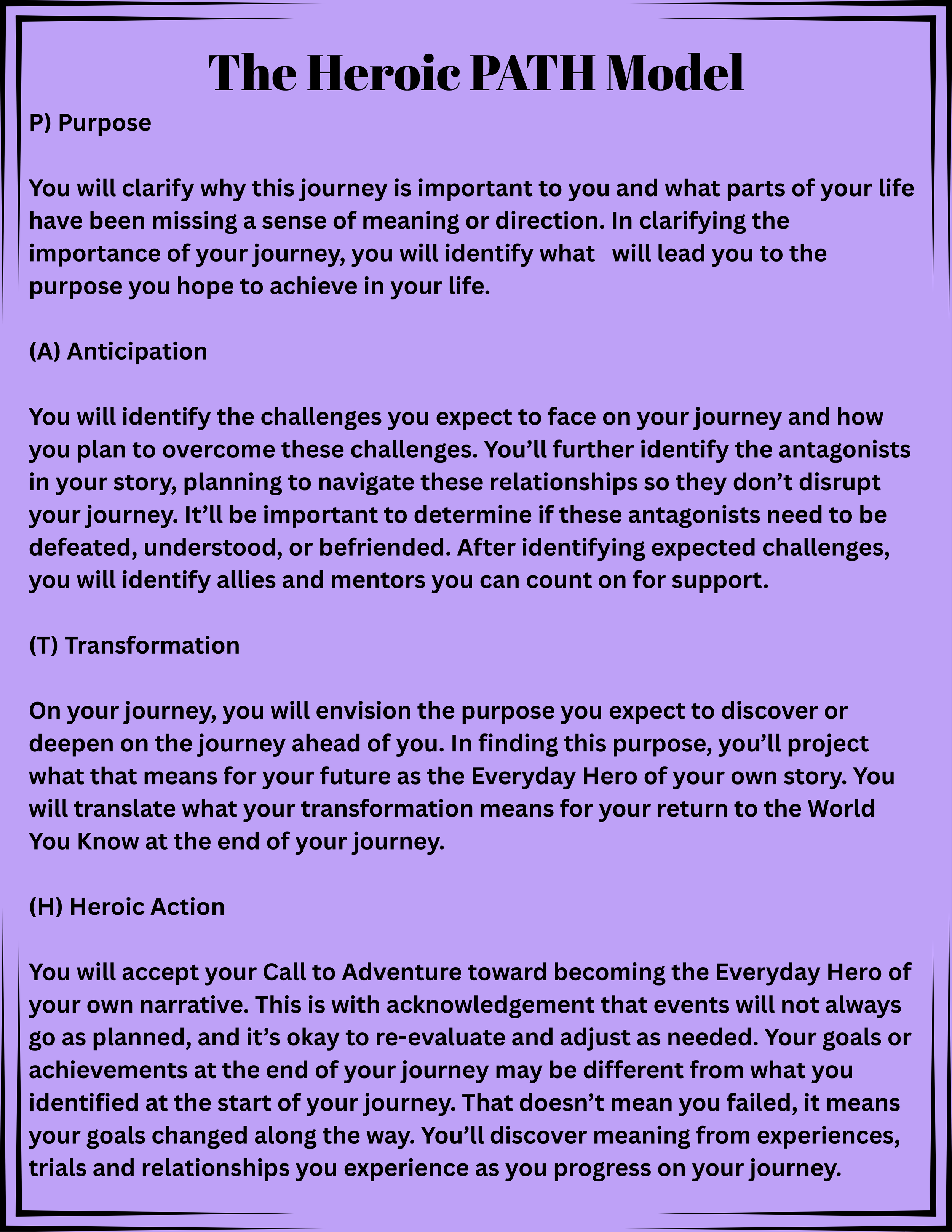 Text titled 'The Heroic PATH Model' with sections explaining Purpose, Anticipation, Transformation, Heroic Action, and other content about personal journey, goals, and self-discovery, on a purple background with a black border.