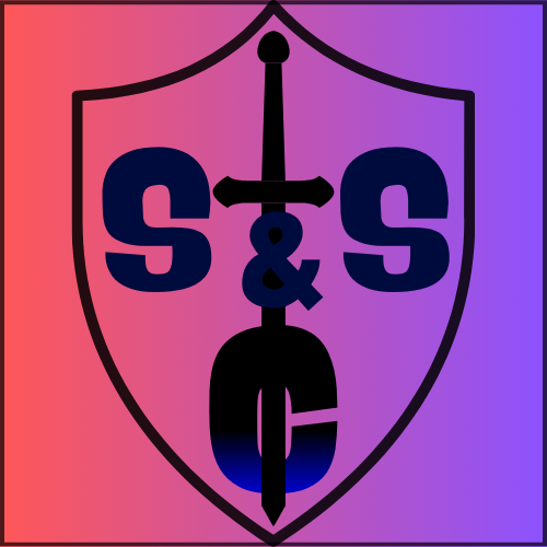 A black shield with a sword through the middle and the letters S & S on each side of the sword, on a pink to purple gradient background.