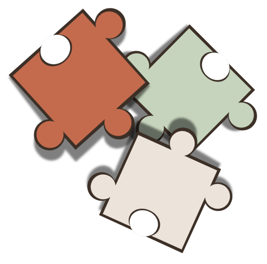 Three interconnected puzzle pieces in red, green, and white colors, each with circular connectors.
