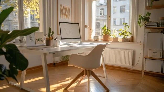 Bright home office with a white desk, computer, and a beige chair, surrounded by plants near large windows.