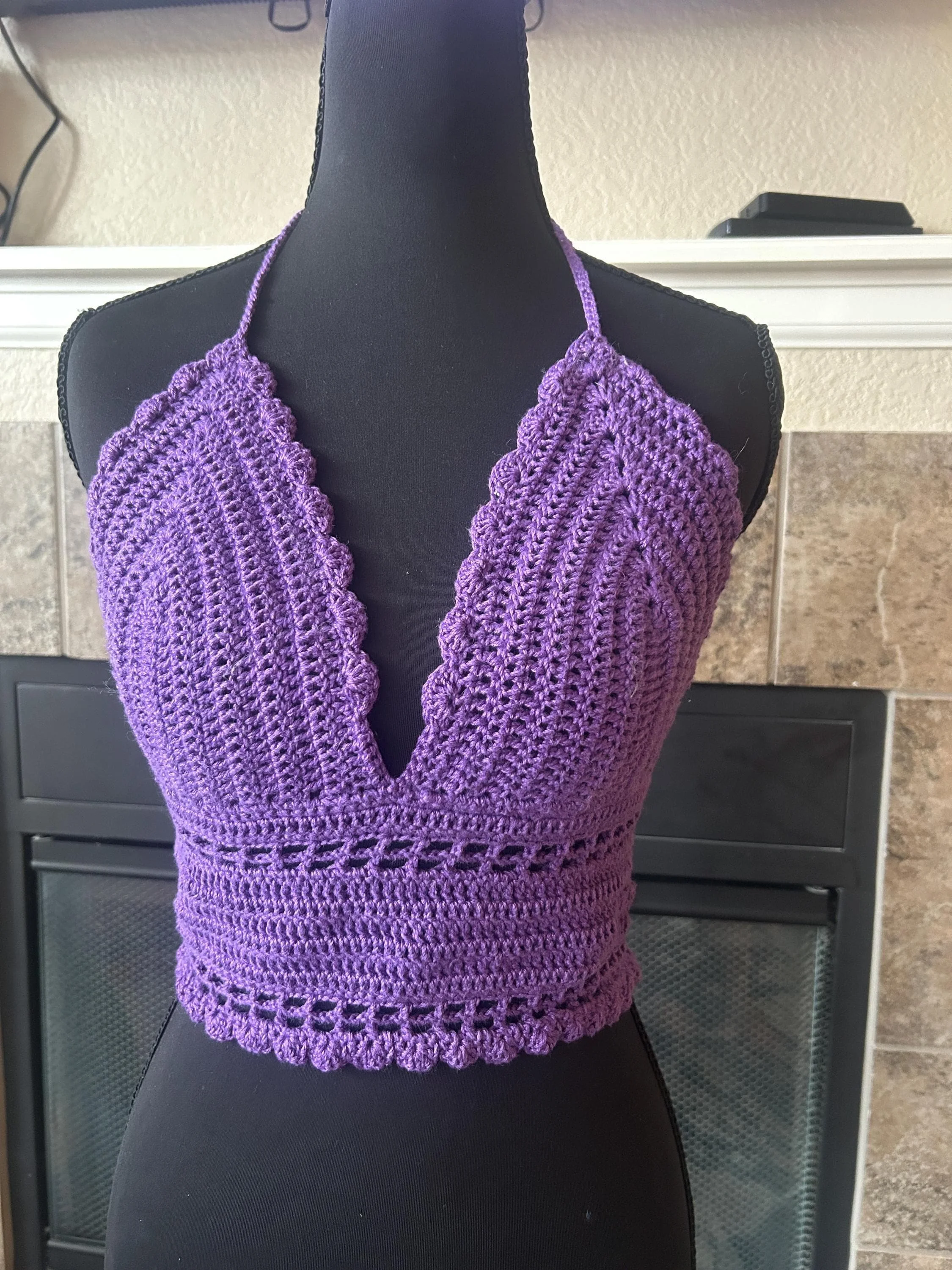 Purple Crochet Halter Top | 100% Cotton Bralette, Scalloped Edge, Boho Festival Wear