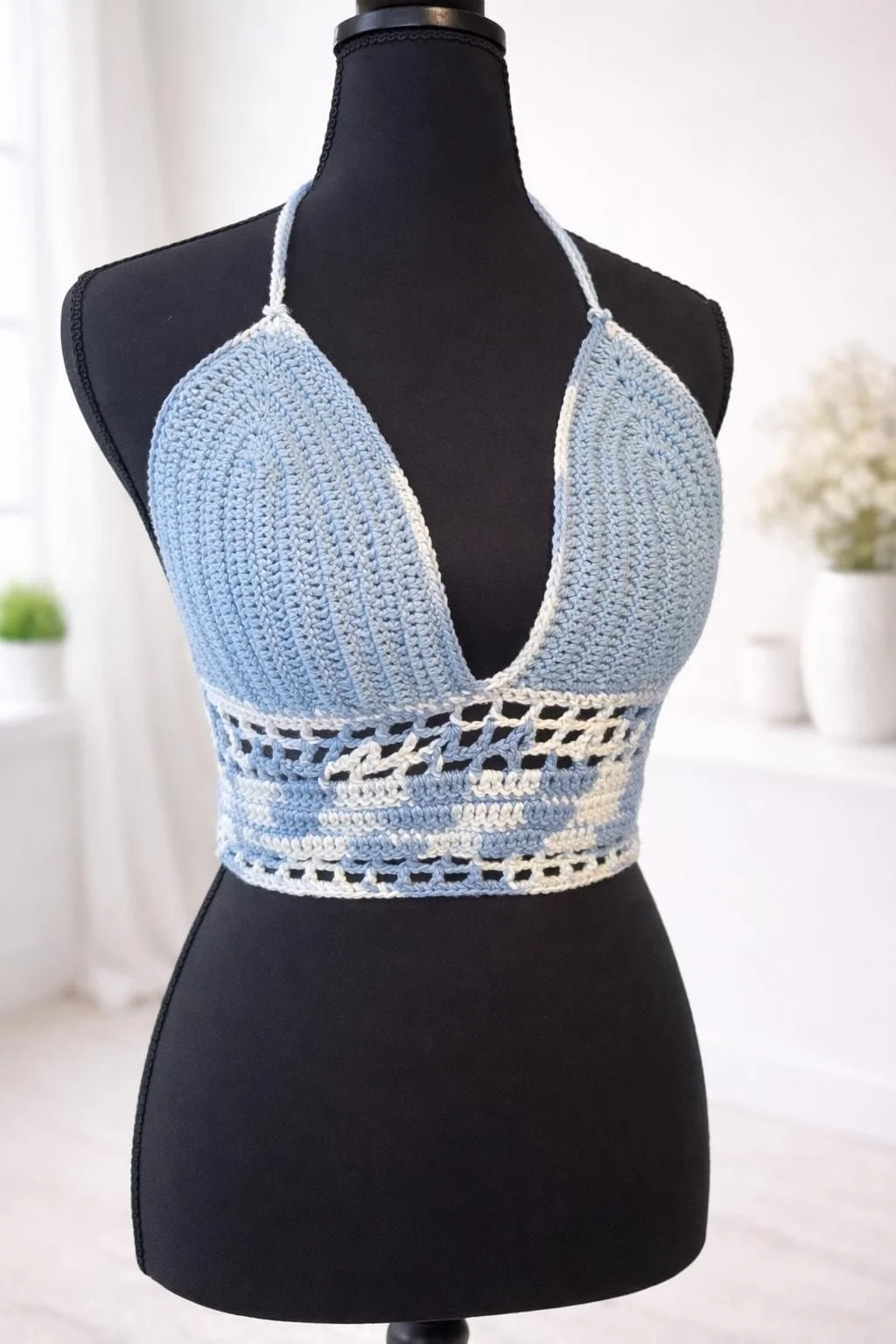 Handmade Blue Crochet Halter Top | Cotton Boho Crop Top