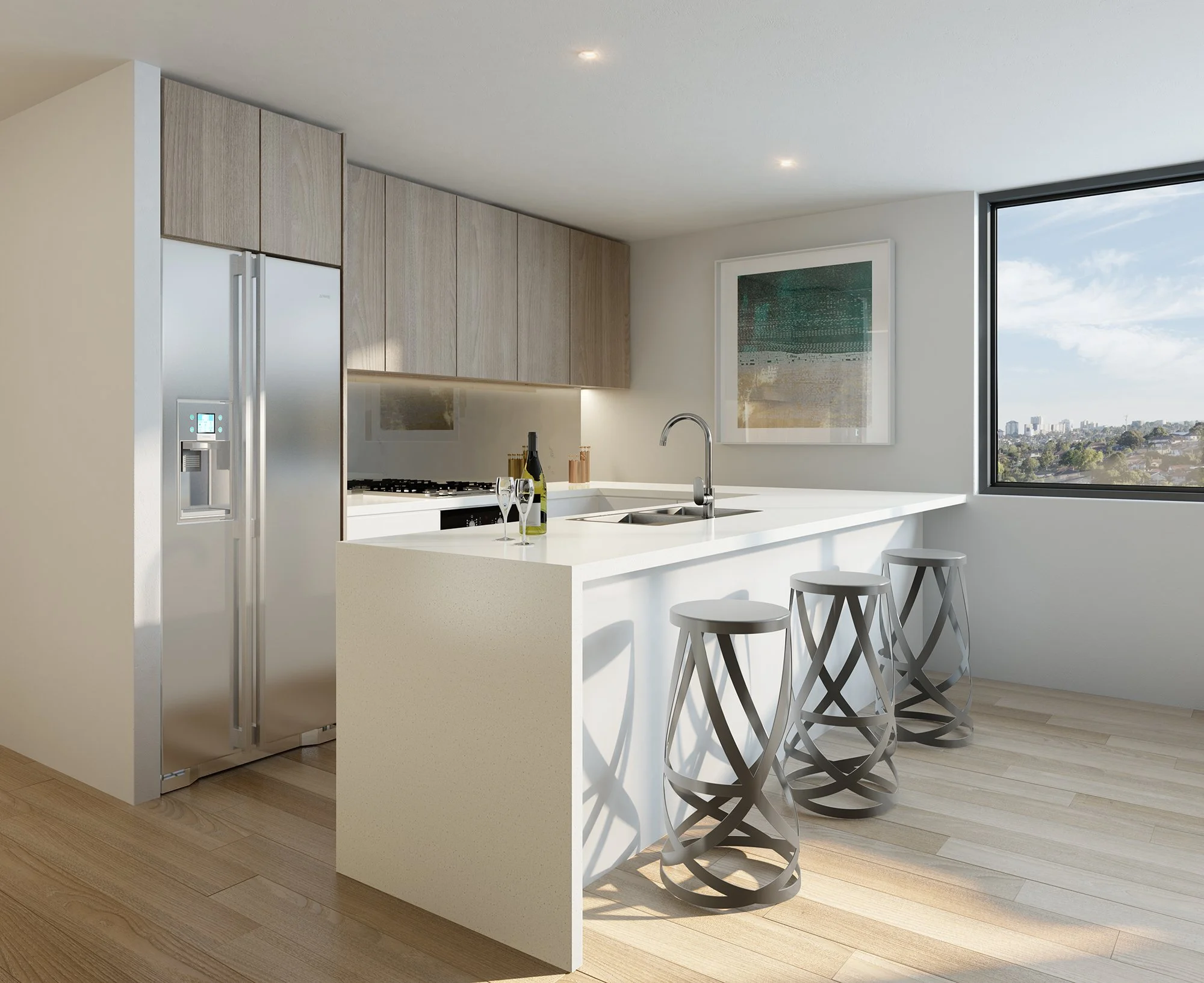 Modern kitchen with white island counter, three metal bar stools, a large window showing a city view, stainless steel refrigerator, wooden cabinets, and minimal decor.