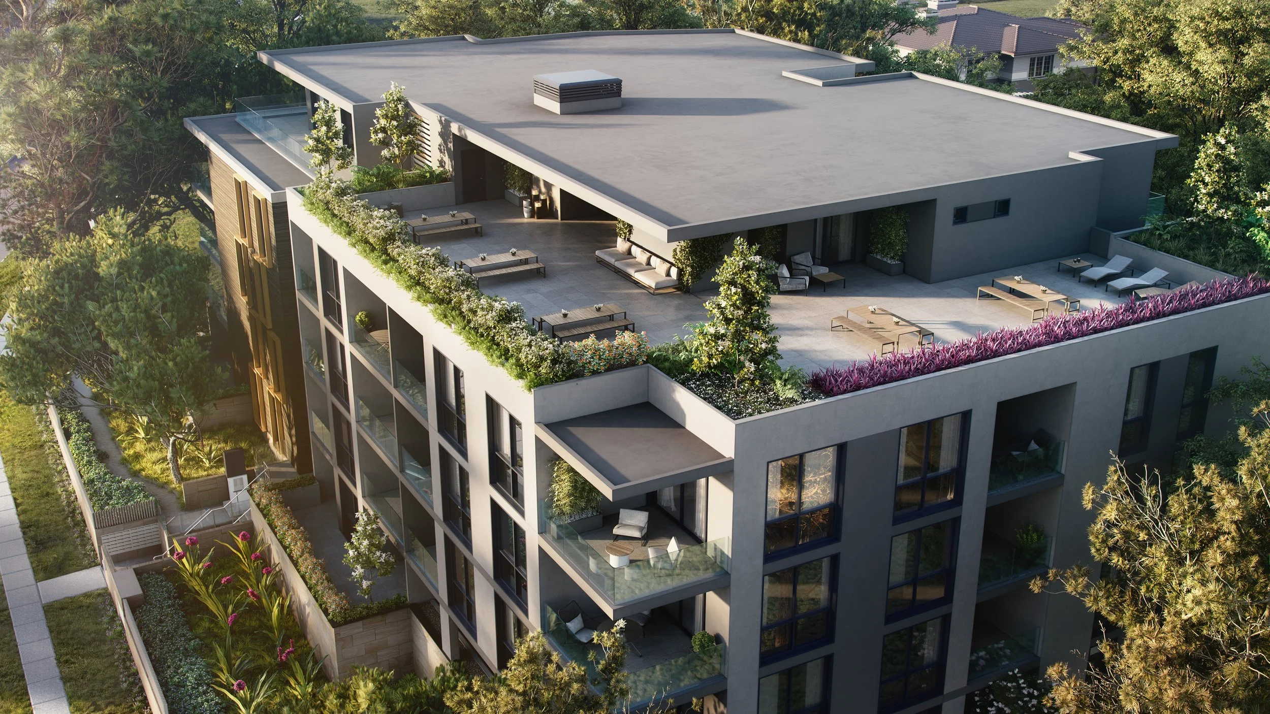 A modern multi-story apartment building with spacious rooftop terraces featuring outdoor seating, lounge chairs, and lush greenery.