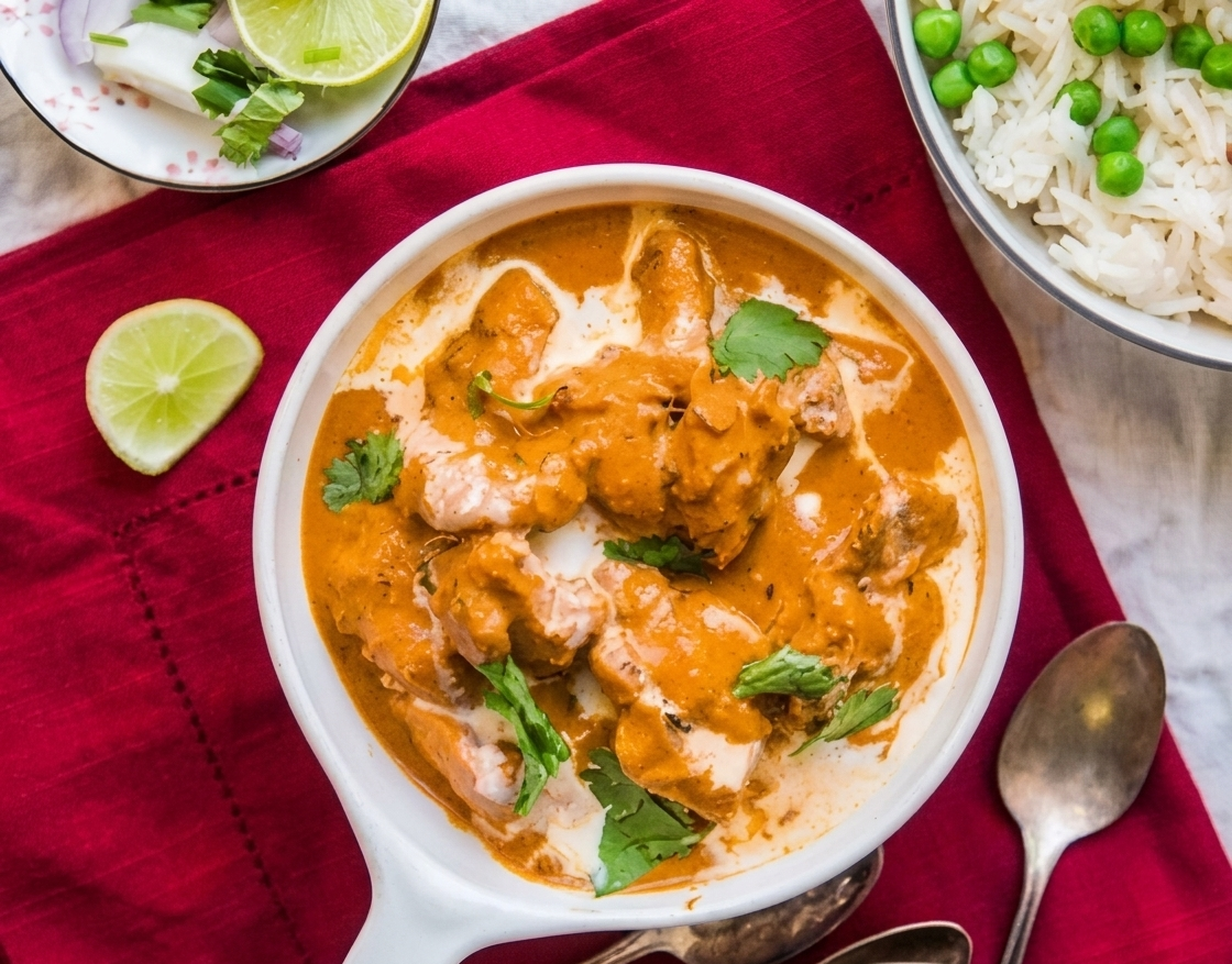 A bowl of chicken tikka masala garnished with cilantro, served with a side of rice with peas, accompanied by lime wedges and chopped onions and cilantro with green chilies.