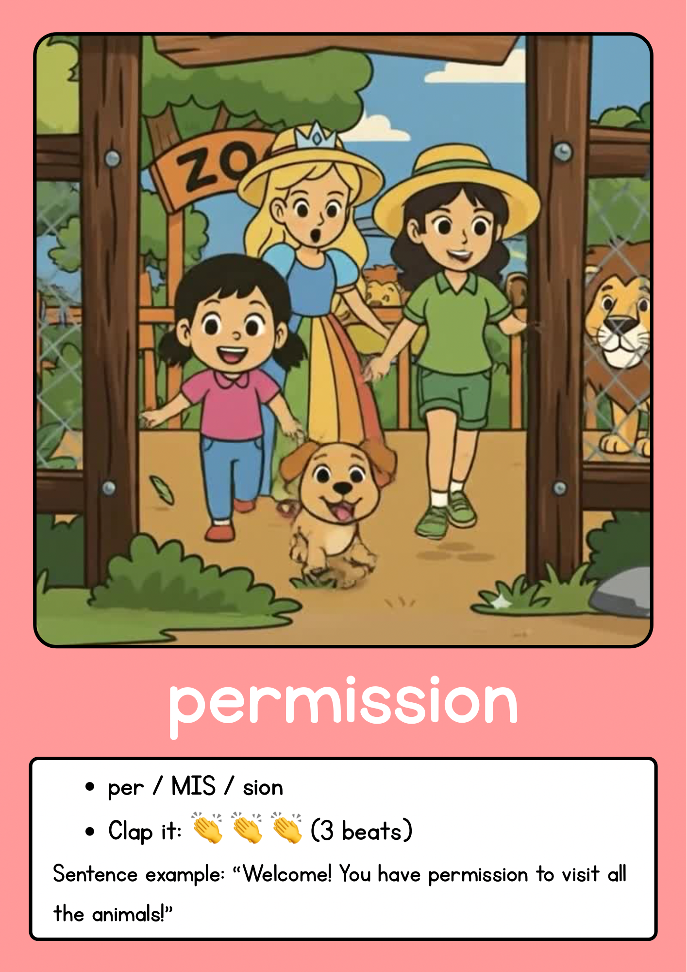 Children visiting a zoo, guided by a woman, with a dog and a lion in the background, as part of a permission activity at a zoo.