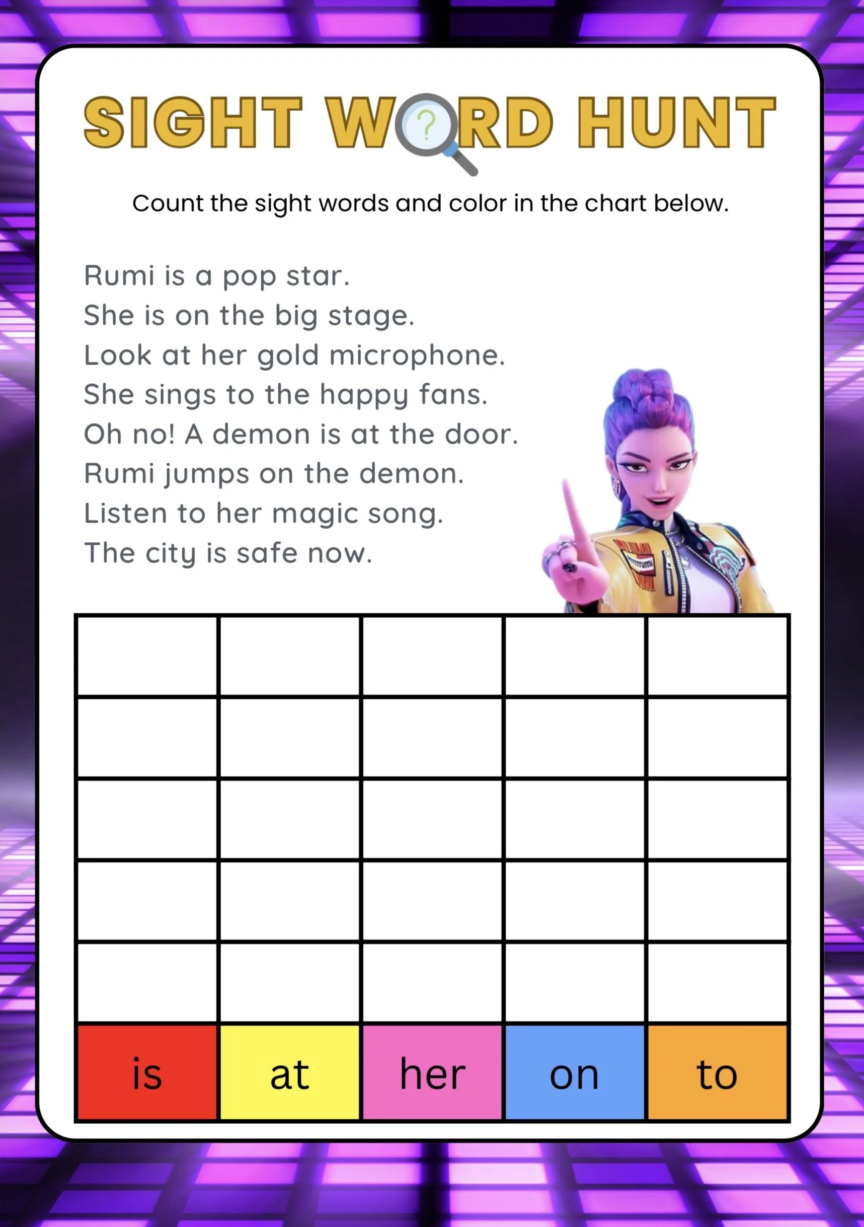 Sight word hunt activity sheet with a picture of a singer with purple hair pointing finger and sight words color-coded at the bottom, including "is," "at," "her," "on," and "to."