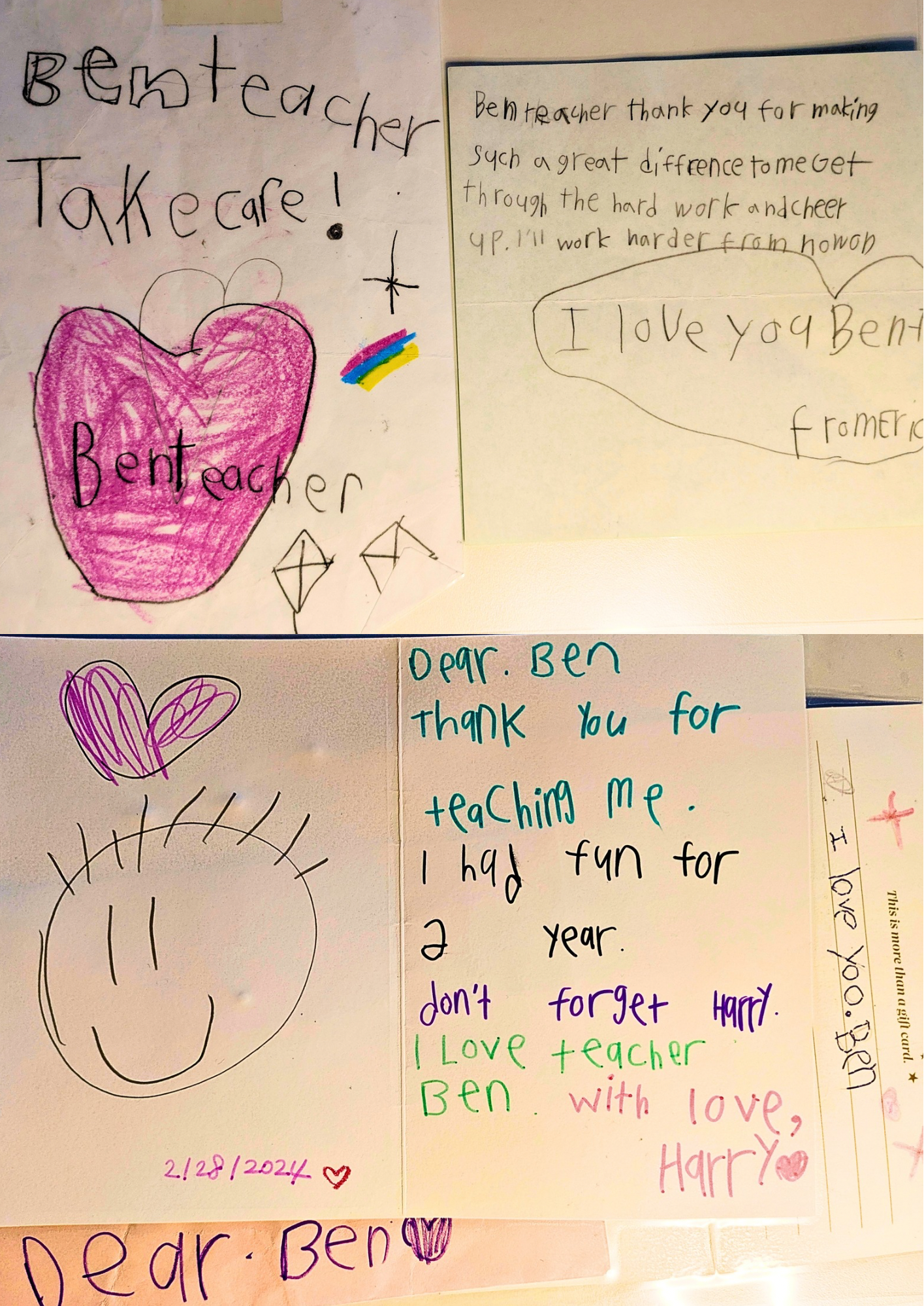 Multiple handwritten notes of appreciation for a teacher, with drawings of hearts and colorful decorations.