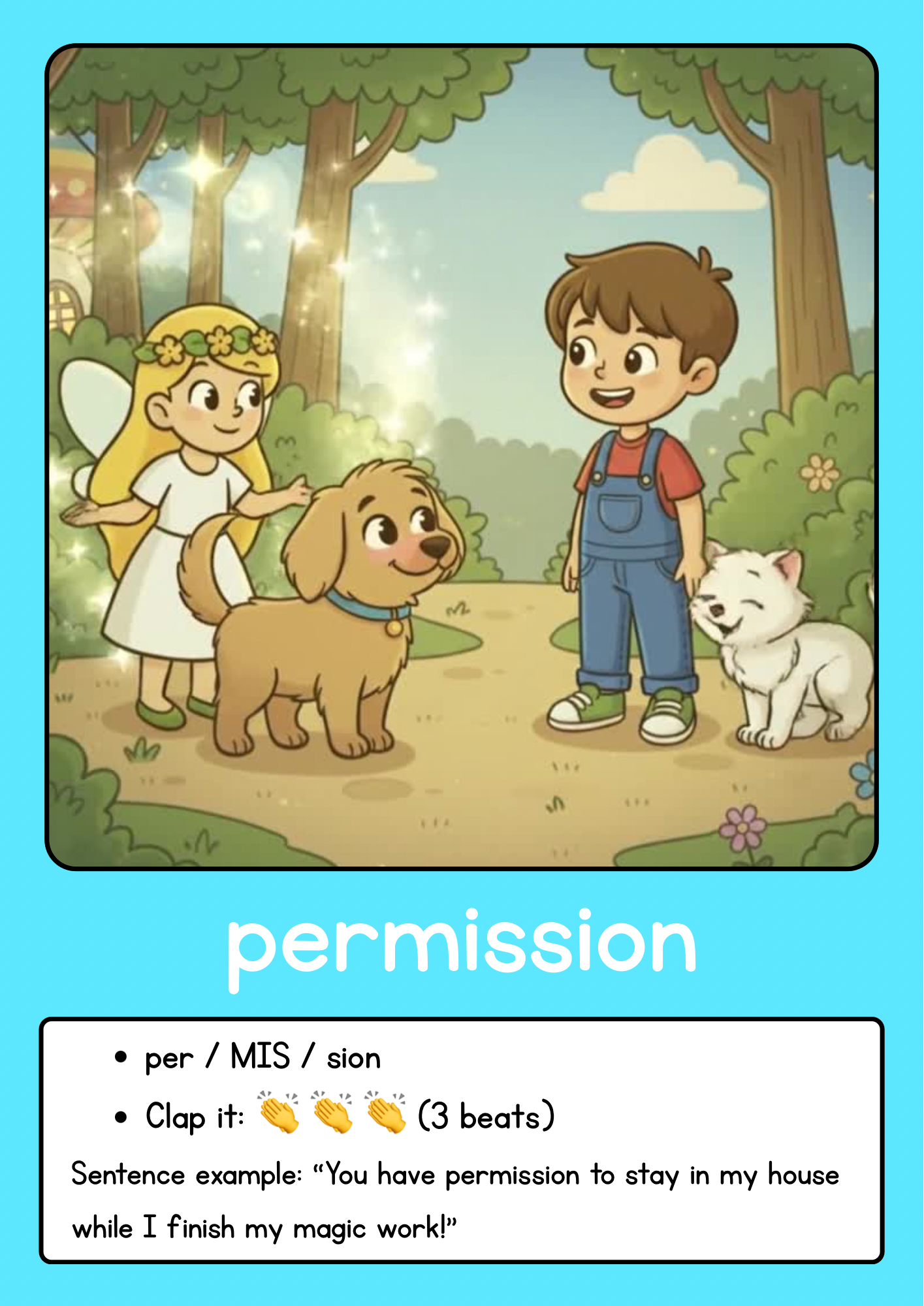 Child with brown hair talking to a fairy, a puppy, and a white cat in a forest setting with trees and bushes, sparkles in the air, and a house in the background.