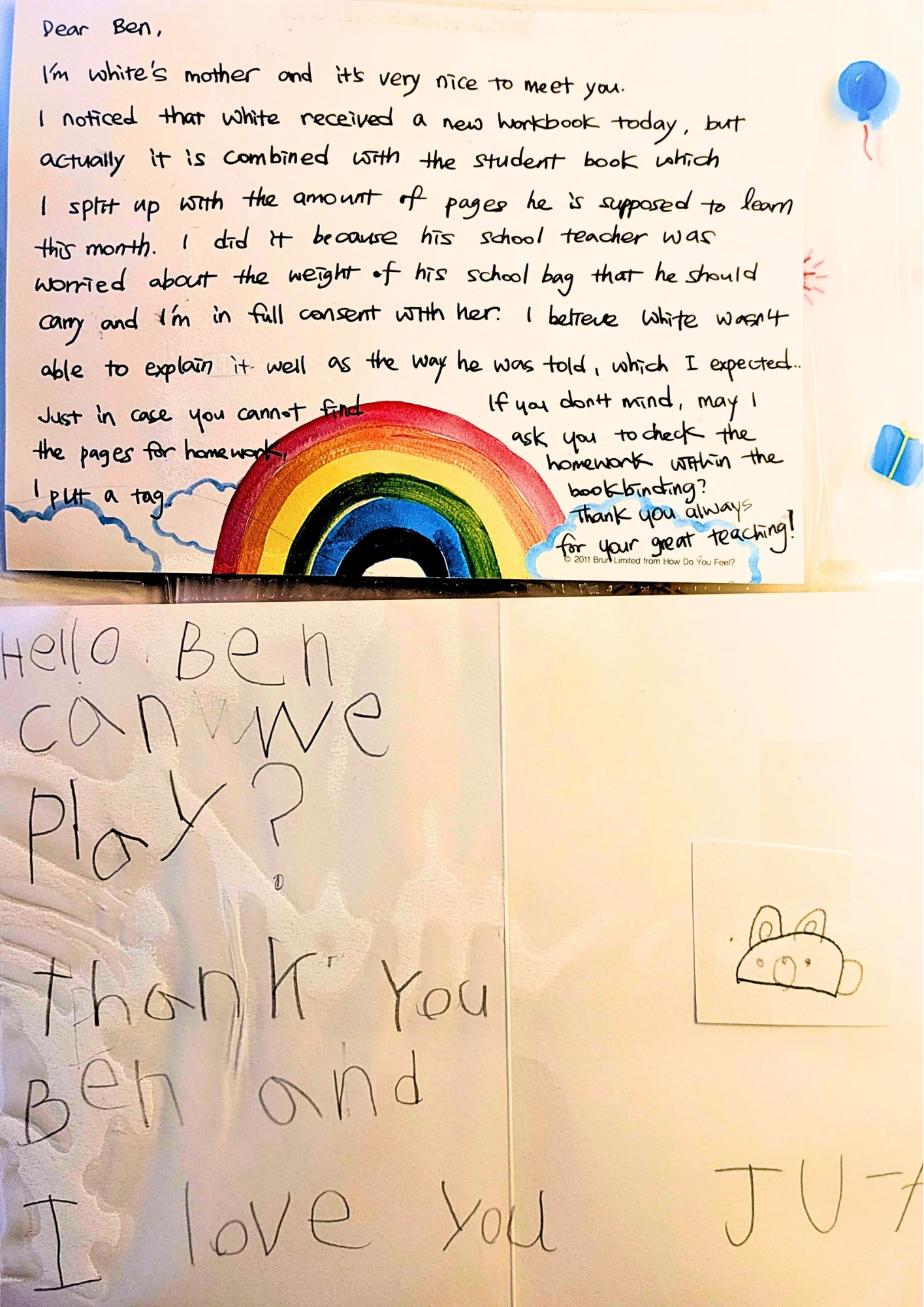 Colorful handwritten notes and drawings on white paper, includes a child's drawing of a pink pig, a rainbow with red, orange, yellow, green, blue, and black, and decorative blue and red balloons, with some text expressing appreciation and love.