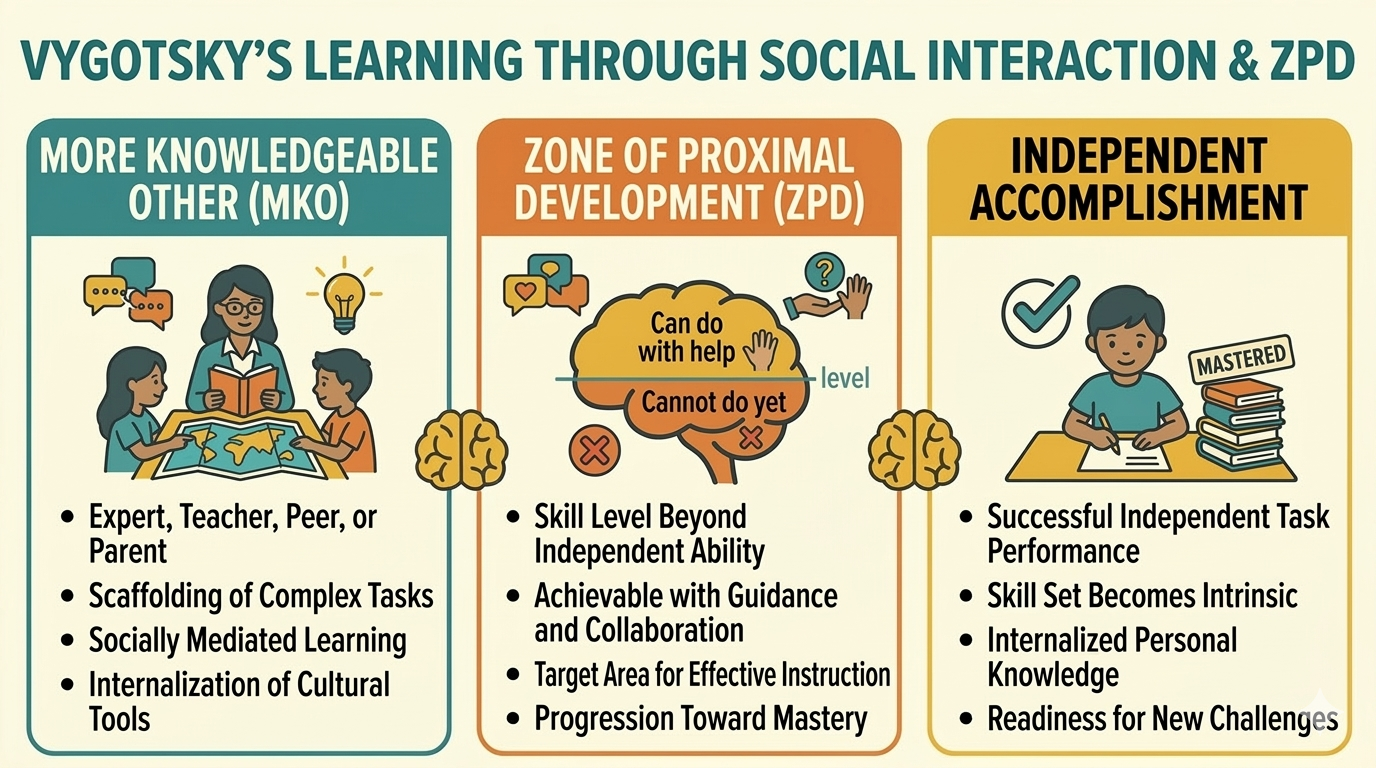 Diagram illustrating Vygotsky's learning theory through social interaction and Zone of Proximal Development. The diagram has three sections: More Knowledgeable Other (MKO) with icons of people learning, a Brain with checklist points about expertise a