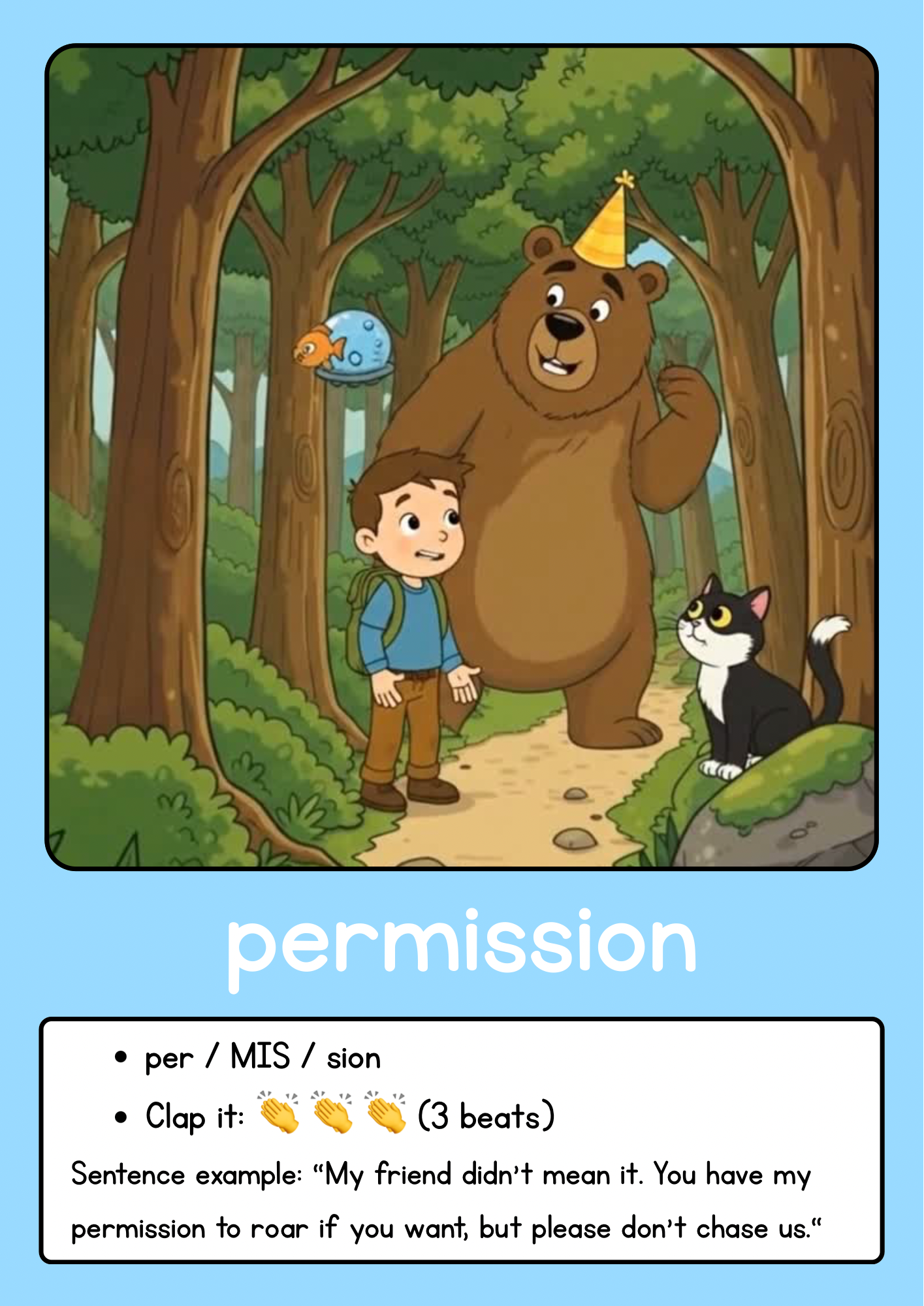 A cartoon illustration of a forest scene with a talking brown bear wearing a yellow party hat, a young boy with a backpack, a black and white cat, a floating blue moon with a goldfish resting on top of it, and trees with green foliage. The boy is looking up at the bear, who appears to be explaining something.