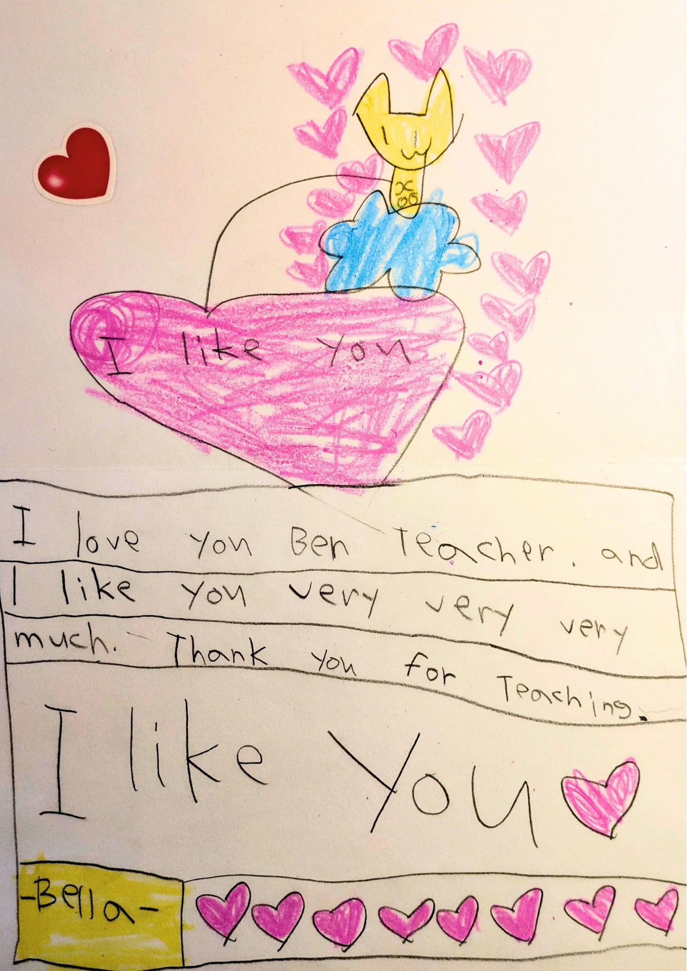Children's drawing featuring a pink heart with the words "I like You" written inside, a yellow cat with a smiling face sitting on a blue cloud, surrounded by pink hearts, and handwritten message expressing love and gratitude.