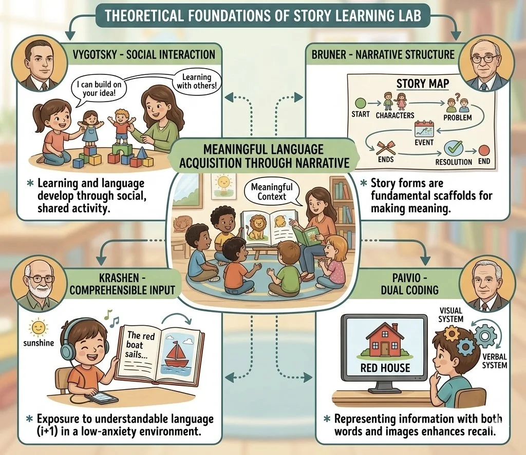 A colorful educational diagram titled 'Theoretical Foundations of Story Learning Lab' outlining key concepts. It features illustrations of children playing, a story map, a teacher reading to kids, a girl with headphones reading a book, and a person working on a computer. The diagram emphasizes social interaction, narrative structure, meaningful language acquisition, comprehensible input, dual coding, and the importance of context and scaffolding in story learning.