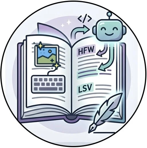 An open book with coding icons, a smiling robot, a feather quill, and annotated text, representing AI or coding education and content creation.