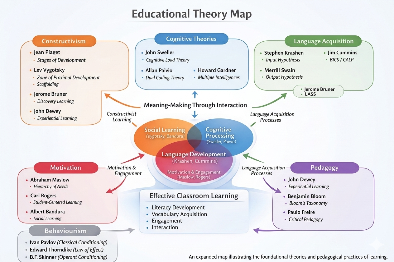 Educational Theory Map showing constructs, theories, and processes related to effective classroom learning, including areas like Constructivism, Cognitive Theories, Language Acquisition, Motivation, Pedagogy, Behaviorism, and their main contributors.