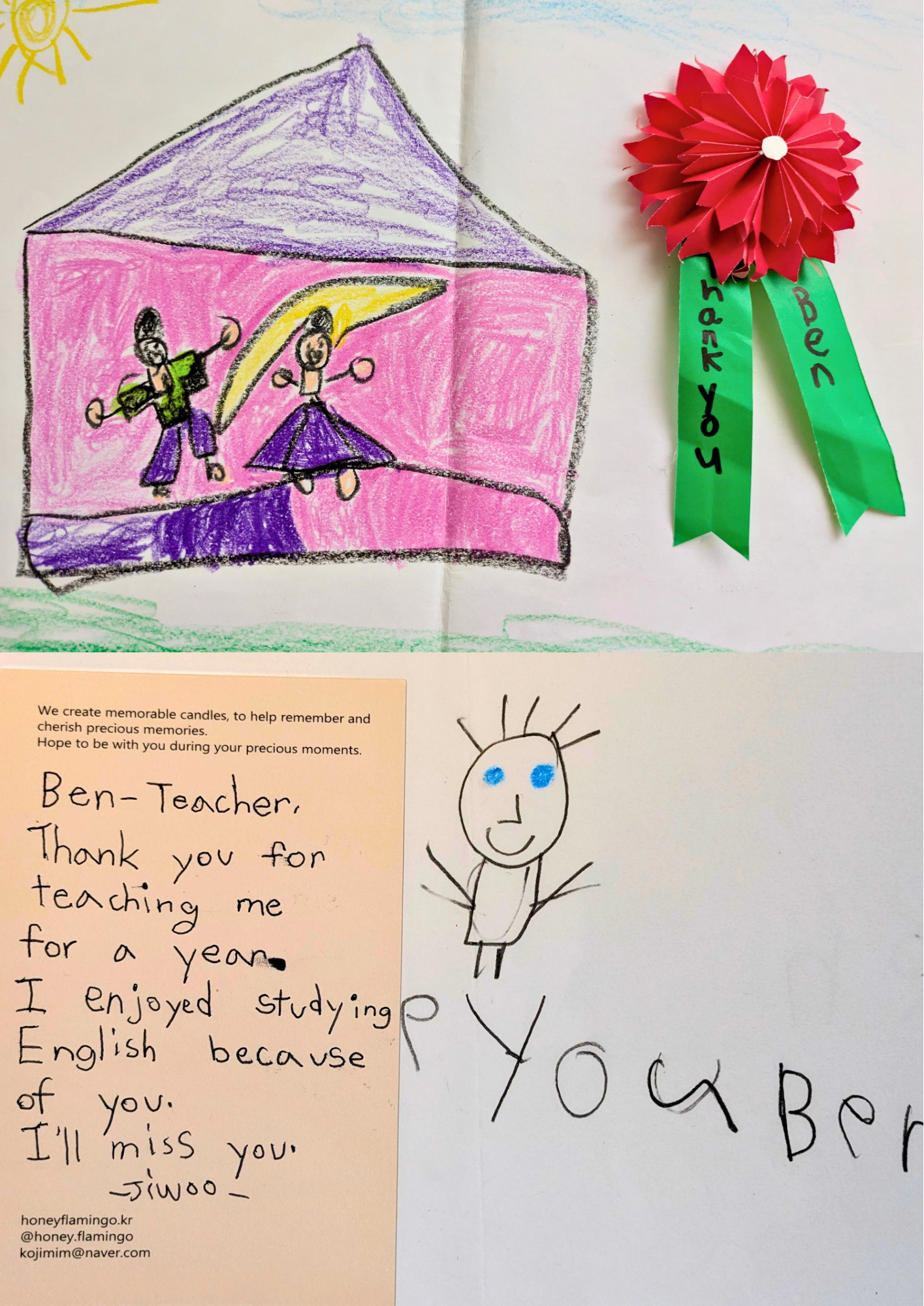 A child's drawing of two dancers on stage with purple and pink background, alongside a 3D red flower decoration with green ribbons labeled 'Thank you' and 'Ben'. There is also a handwritten thank you letter and a simple stick figure sketch of a smili