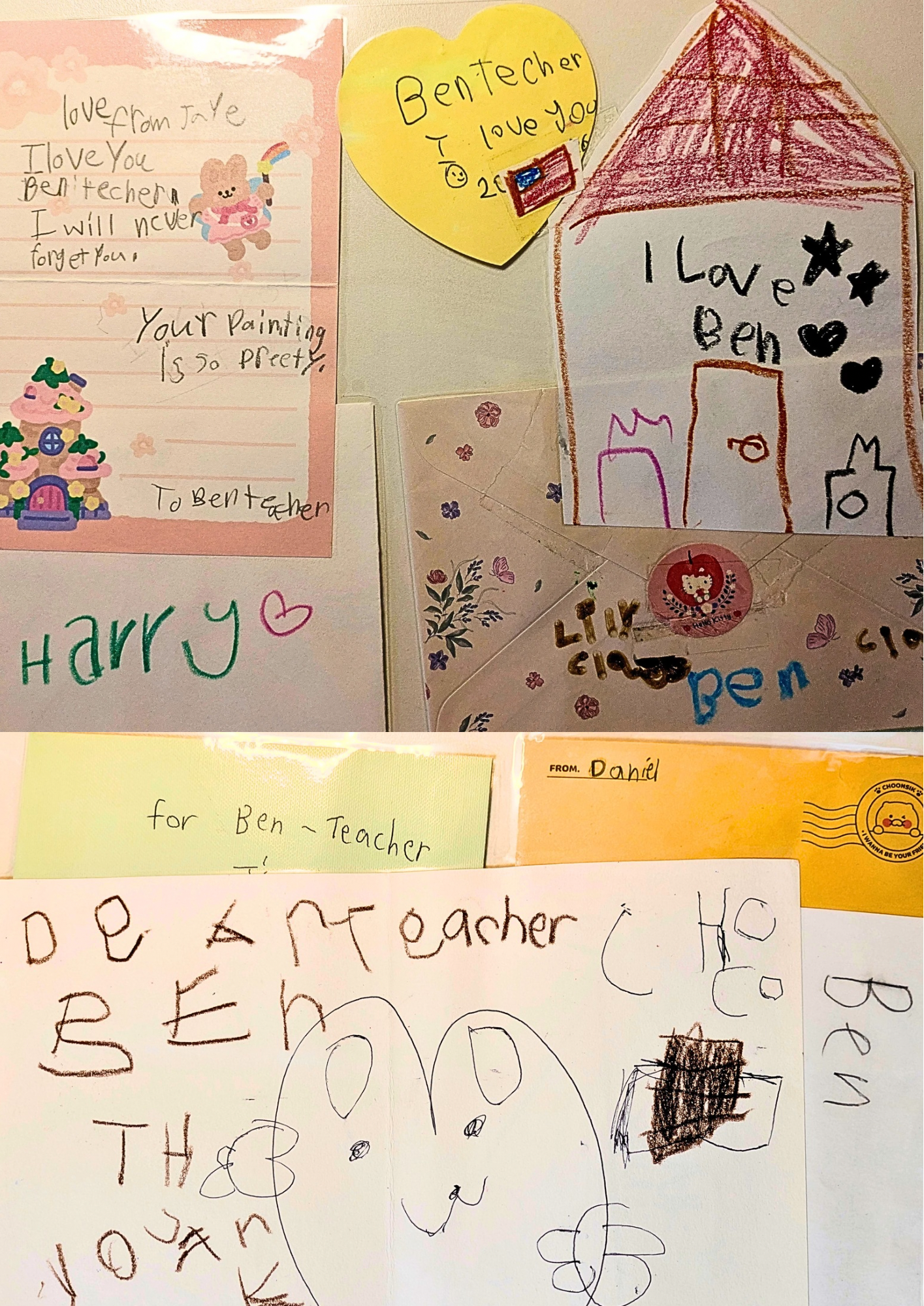 Collection of handwritten notes and cards expressing love for a teacher named Ben, featuring drawings, hearts, stars, a Christmas tree, a house, and a cute smiley face.