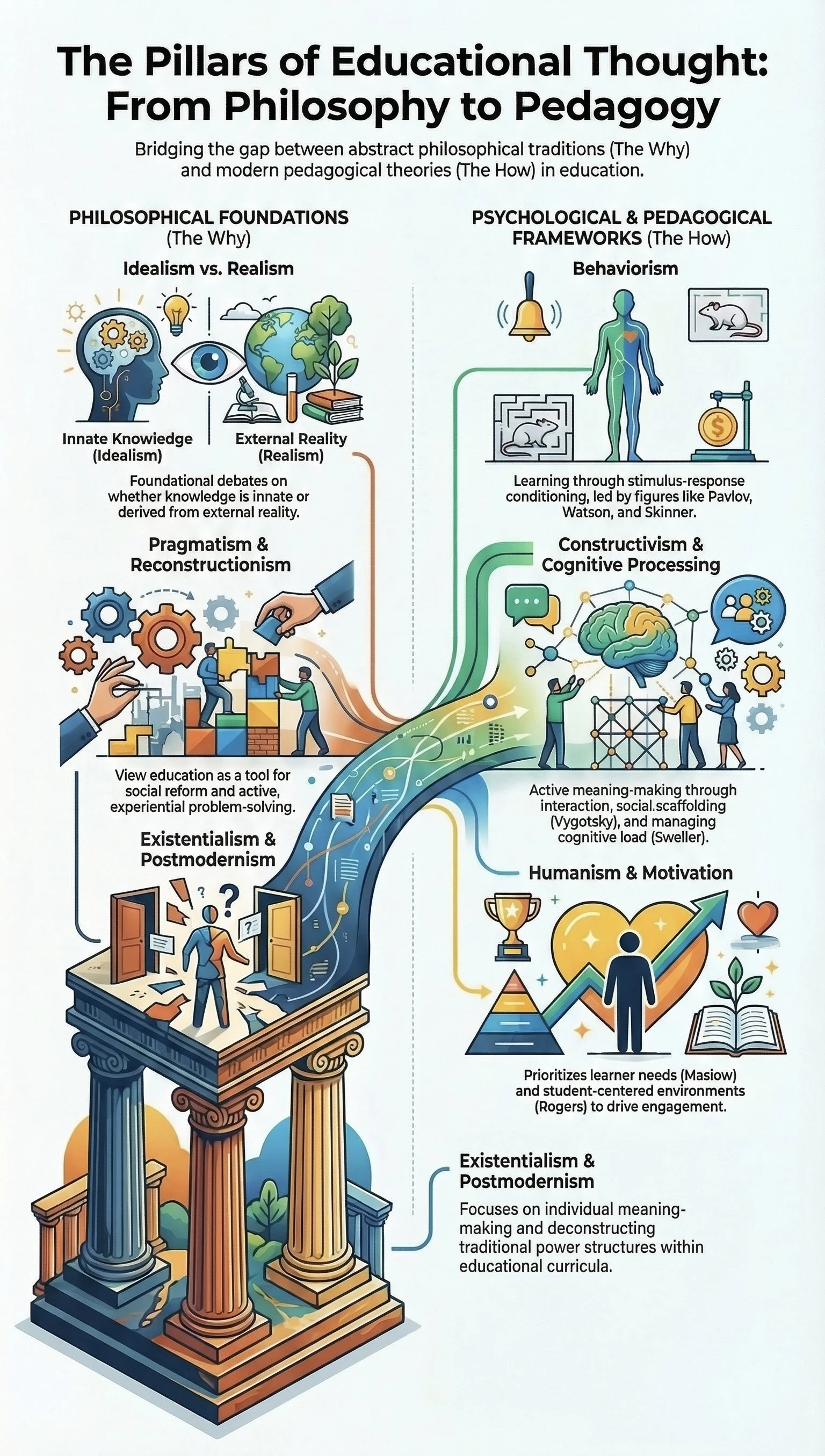 Infographic illustrating the pillars of educational thought, depicting a classical Greek temple with columns, emphasizing the transition from philosophy to pedagogy, highlighting foundational debates and modern frameworks in education.
