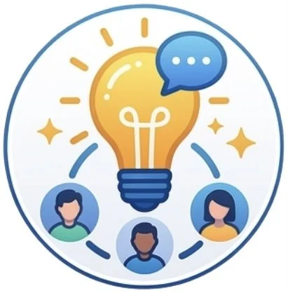 Illustration of a light bulb with three people around it and a speech bubble, symbolizing ideas or teamwork.