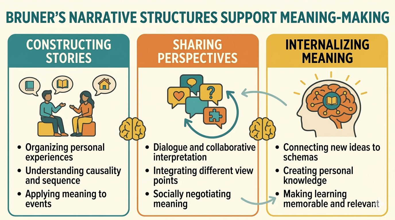 A detailed graphic titled "Bruner's Narrative Structures Support Meaning-Making" illustrating three interconnected components: constructing stories, sharing perspectives, and internalizing meaning. The left section shows a person explaining stories a