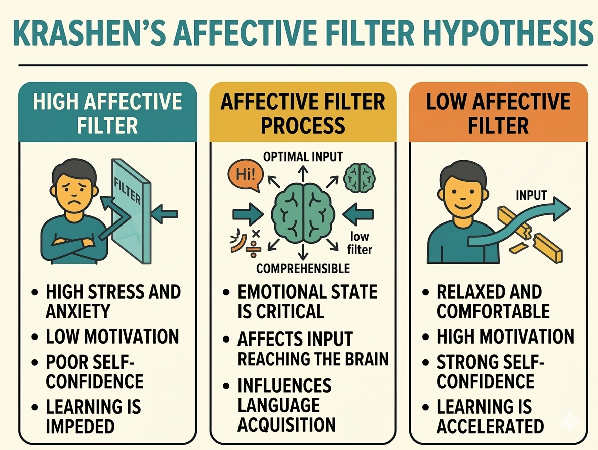 A visual diagram explaining Krashen's Affective Filter Hypothesis with three sections: high affective filter, affective filter process, and low affective filter. The high affective filter shows a sad person with stress and anxiety, low motivation, po