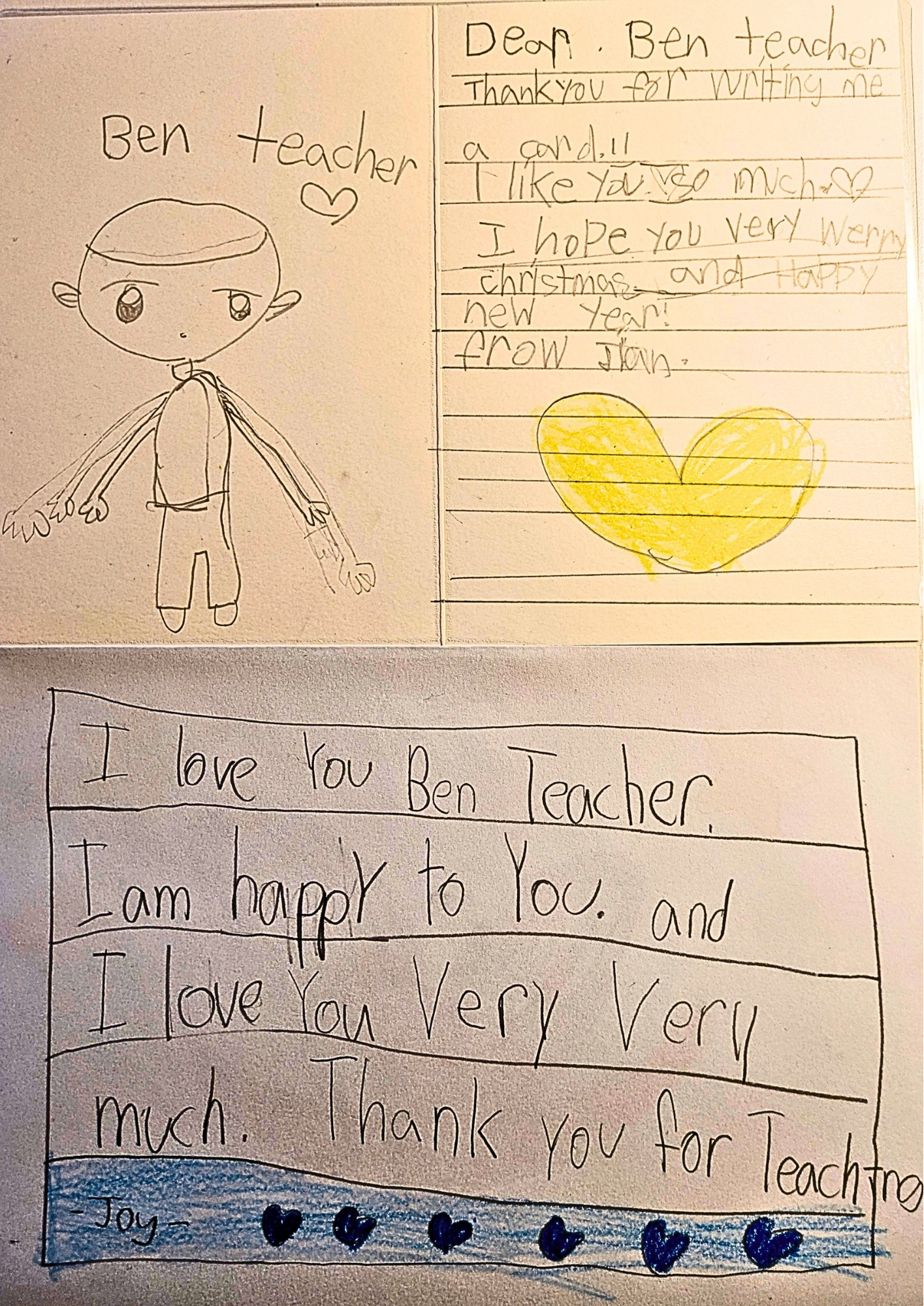 A children's handwritten letter to their teacher, featuring a drawing of a person with a heart and a large yellow heart, and decorated with multiple small blue hearts at the bottom.