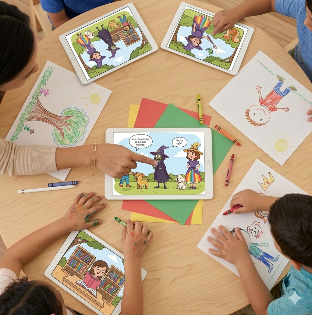 Children and an adult are sitting around a wooden table with colorful papers, crayons, and tablets. The adult is pointing at a tablet displaying a cartoon of a wizard and a witch with speech bubbles. Other tablets show colorful illustrations of children, animals, and outdoor scenes. Children's drawings of a girl, a tree, and a crown are spread on the table.