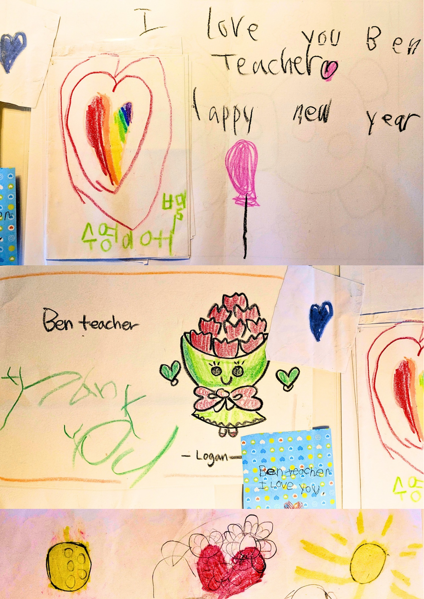 Colorful handmade cards and drawings with messages of love and appreciation, including a rainbow-colored heart, a girl illustration, and other doodles.