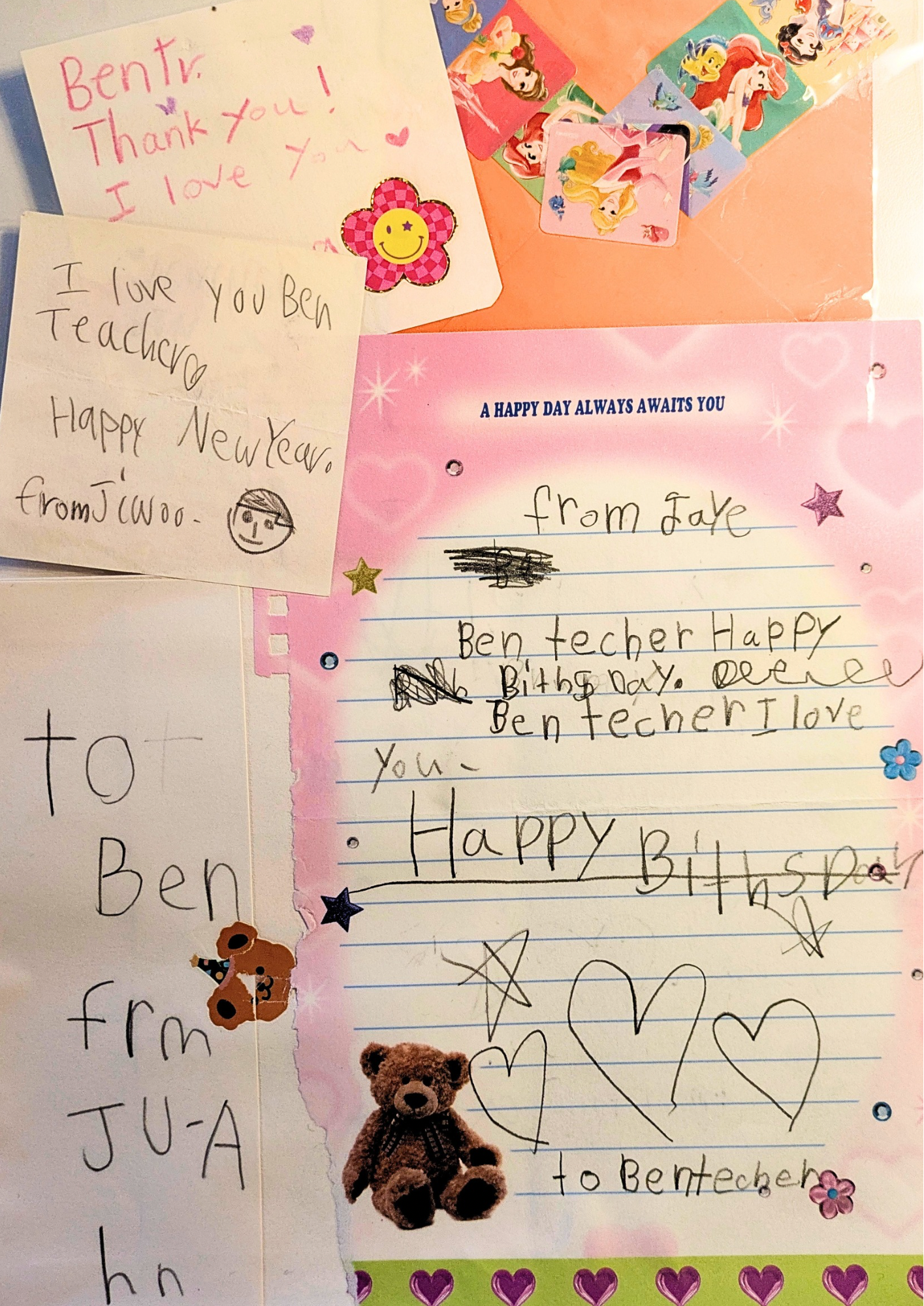 Collection of handwritten notes with colorful stickers and Disney princess images, including a note thanking Bent for being a teacher, handwritten birthday wishes, and decorative borders with hearts and stars.