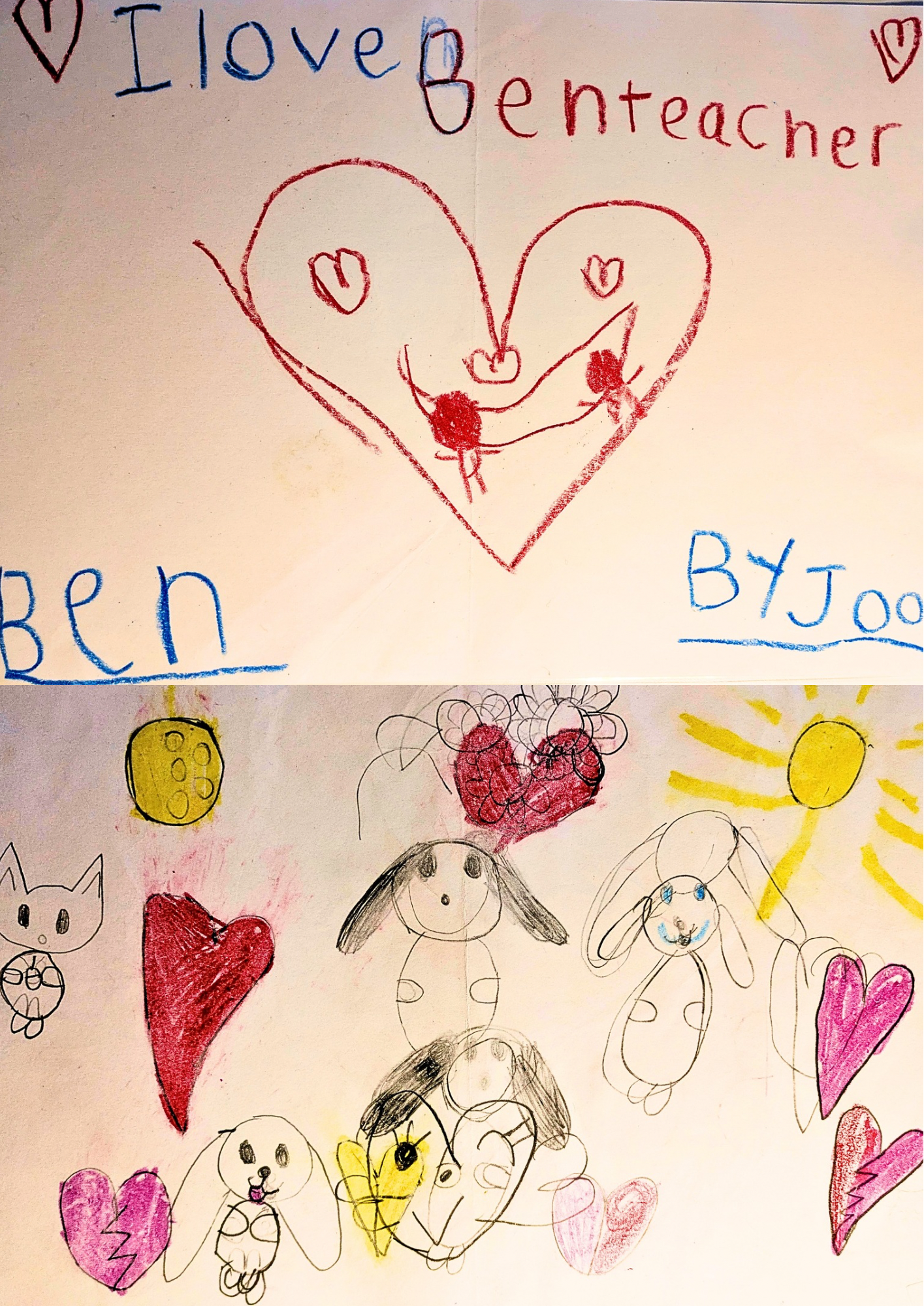 Colorful drawing with hearts, dogs, and other doodles, includes a handwritten message in blue, red, and black ink.