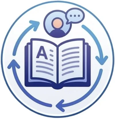 An open book with the letter 'A' and a speech bubble above a person icon, surrounded by a circular arrow, symbolizing communication or learning.
