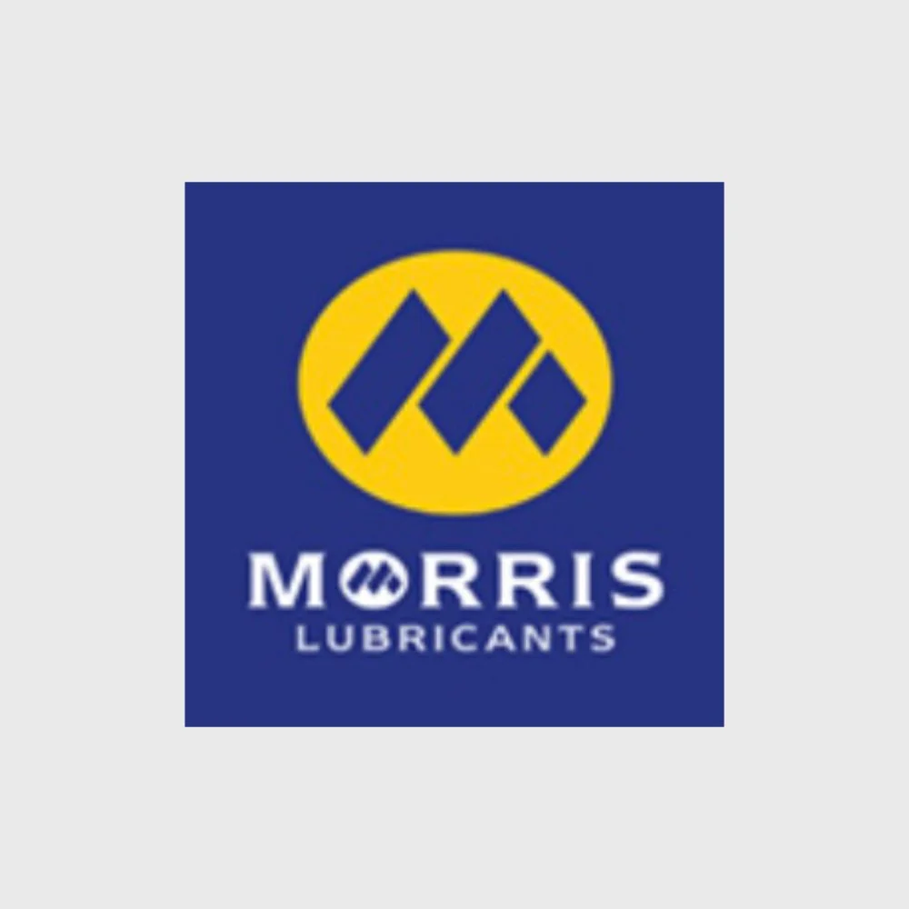 Morris Lubricants logo featuring a blue background with a yellow circle and stylized 'M' shapes, and white text reading 'Morris Lubricants'.
