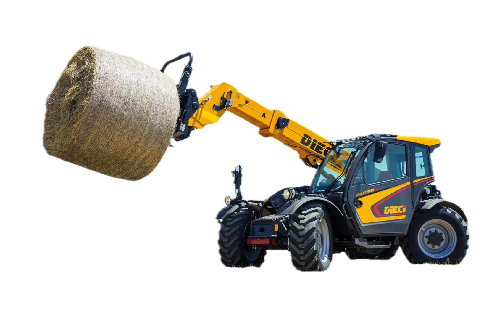 Yellow and black Dieci telescopic loader carrying a large hay bale in its extendable arm.