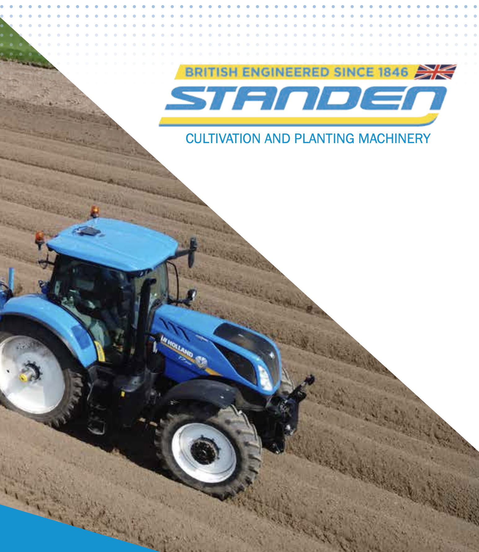 A blue tractor working on a large farm field with freshly tilled soil, under a partly cloudy sky. The tractor has white wheels and is moving through the soil.
