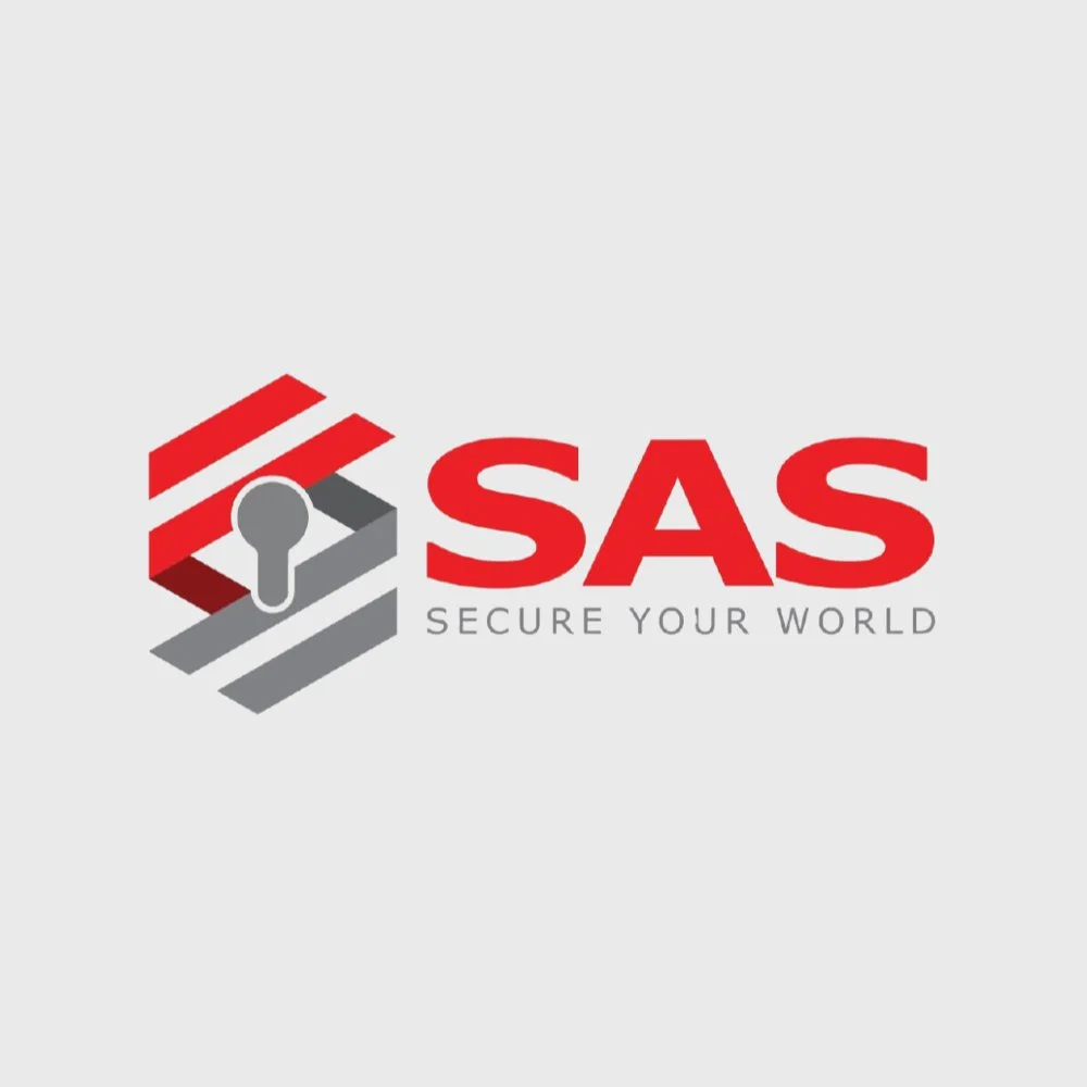 SAS logo with a red and gray lock icon and the tagline "Secure Your World" on a light gray background.